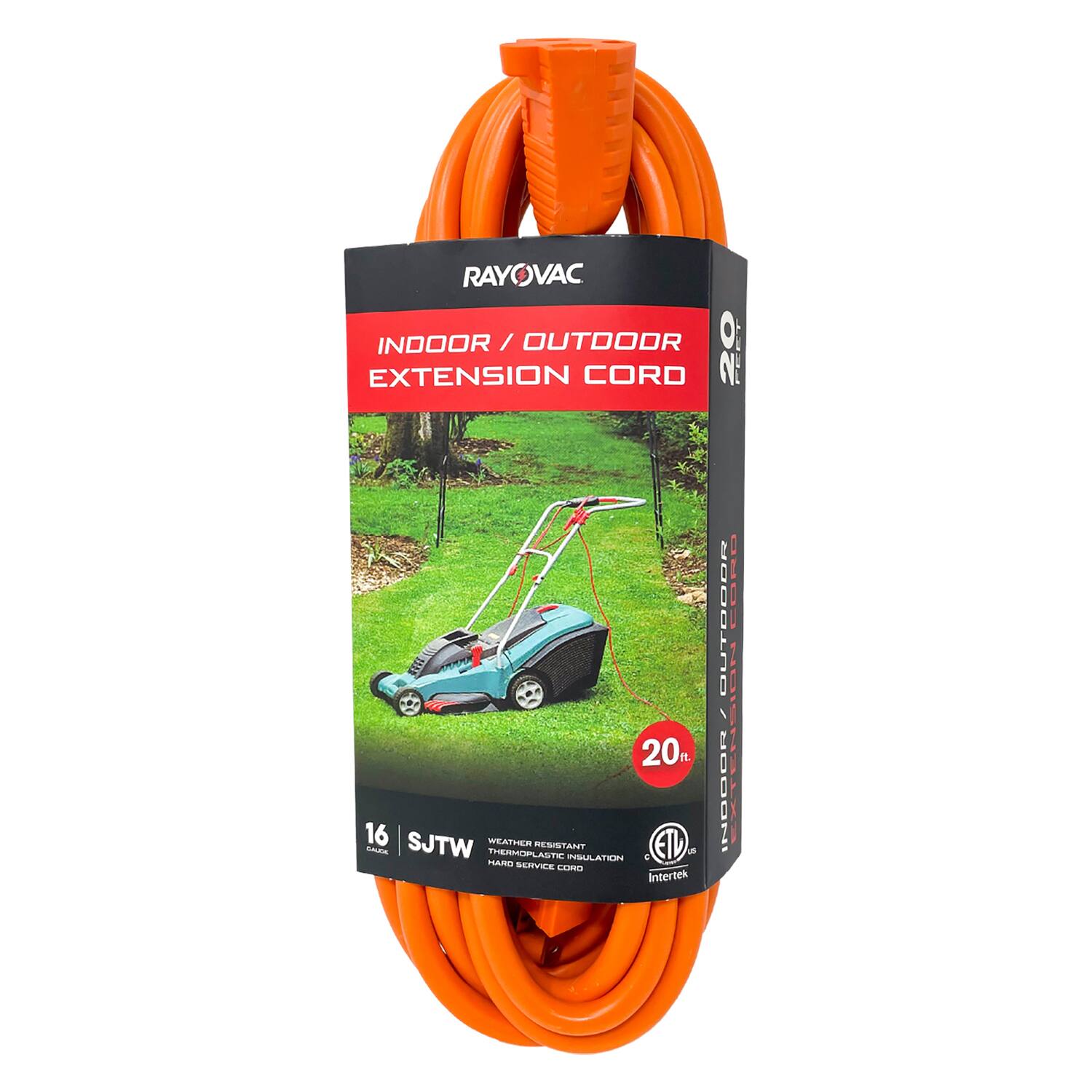 RAYOVAC INDOOR/OUTDOOR EXTENSION CORD  
- 20 FT  
- 16 GAUGE SJTW  
- WATER RESISTANT  
- ETL LISTED  
- THERMOPLASTIC INSULATION  
- PURE SERVIES LATES  
- Intertek
