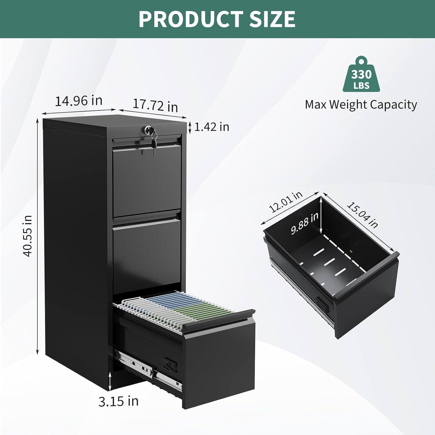 PRODUCT SIZE

- Height: 40.55 in
- Width: 14.96 in
- Depth: 17.72 in
- Drawer Height: 1.42 in
- Drawer Width: 12.01 in
- Drawer Depth: 9.88 in
- Bottom Shelf Height: 3.15 in
- Bottom Shelf Width: 15.04 in

Max Weight Capacity: 330 LBS