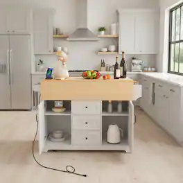 Forest'nSky - 55.7" Rolling Kitchen Island with 2 Drop-Leaf Tables – Power Outlet, 3 Drawers, Spice & Towel Racks - White