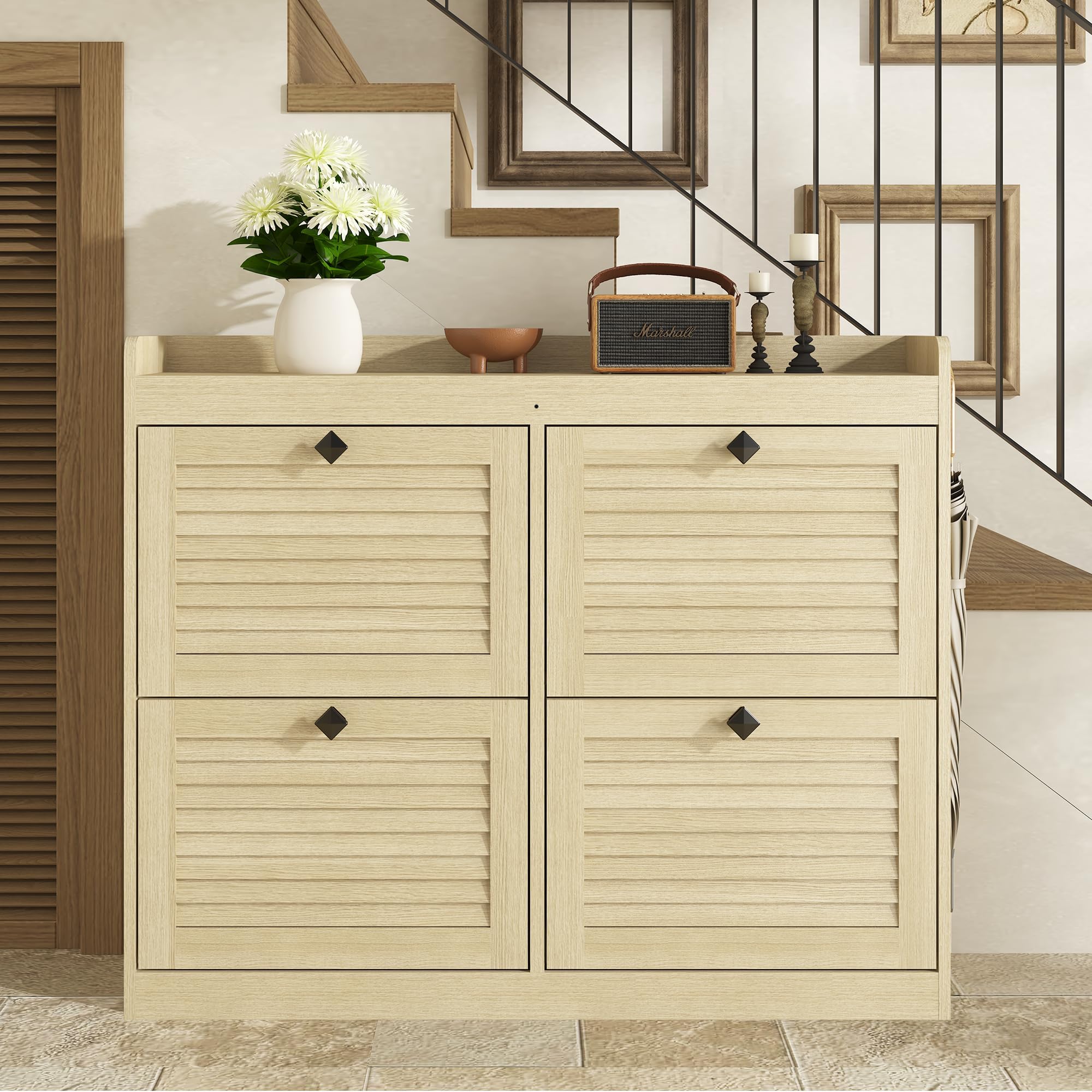 Back. Babevy - Large Shoe Storage Cabinet with 4 Flip Drawers, Freestanding Narrow Shoe Organizer with Hooks and Storage - Brown.