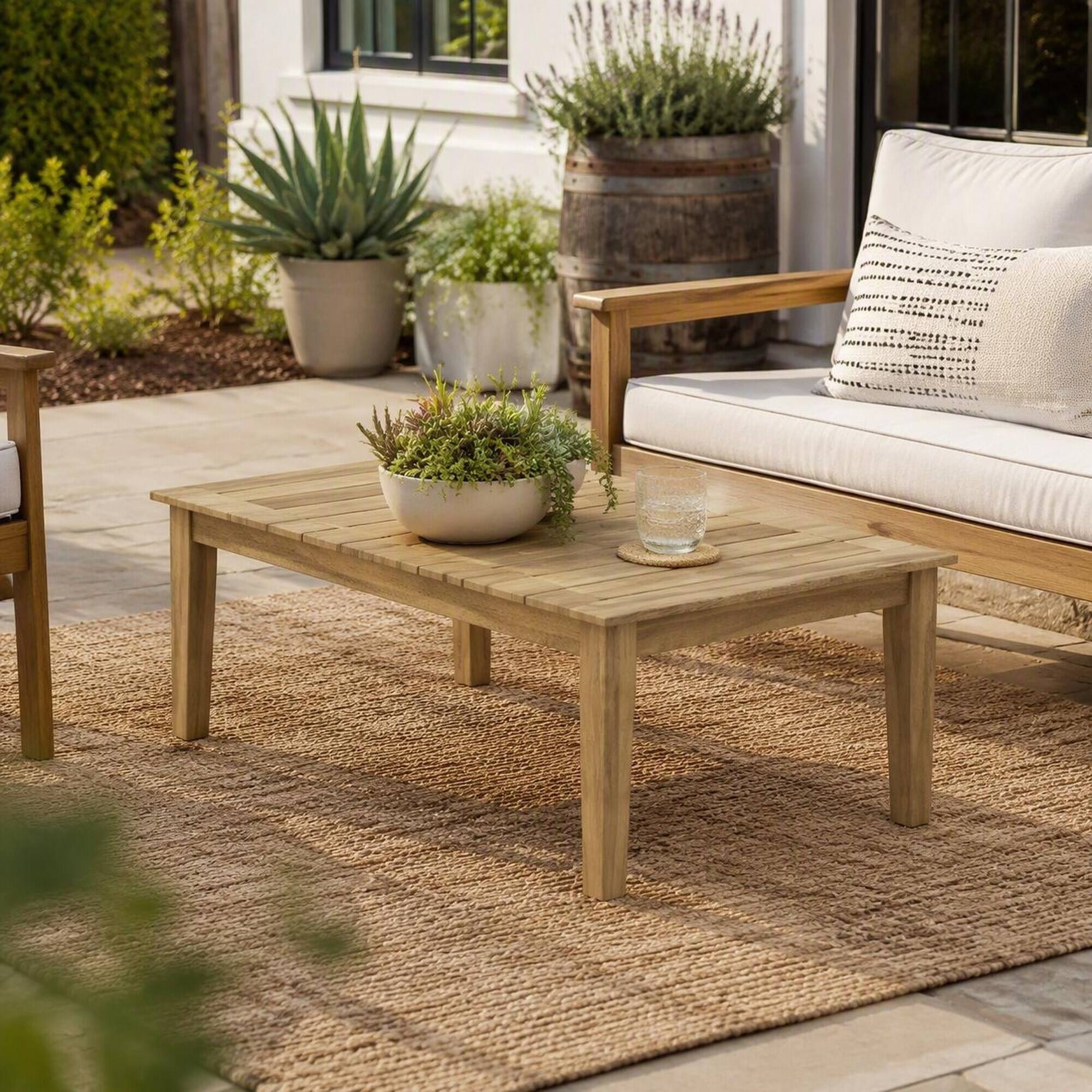 Left. RYHNUYNE - Outdoor Solid Wood Coffee Table, Rectangular Slatted Patio Table with Natural Wood Finish for Backyard Porch Garden - Brown.