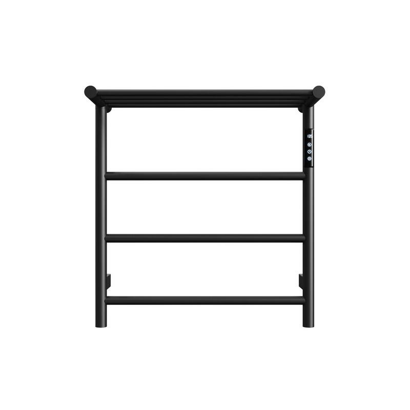 Front. YOSIMFUR - Smart Electric Towel Warmer 4-Bar 70W Wall Mounted with Shelf Touch LED Screen Timer and Plug-In and Hardwire in Black - Black.