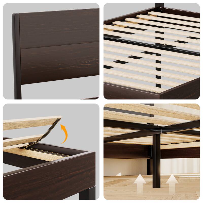 Left. Dyonery - Dyonery Wood Platform Bed Frame with Tall Headboard,Solid Sustainable Bedframe,Wood Slat Support,No Box Spring Needed - Brown.