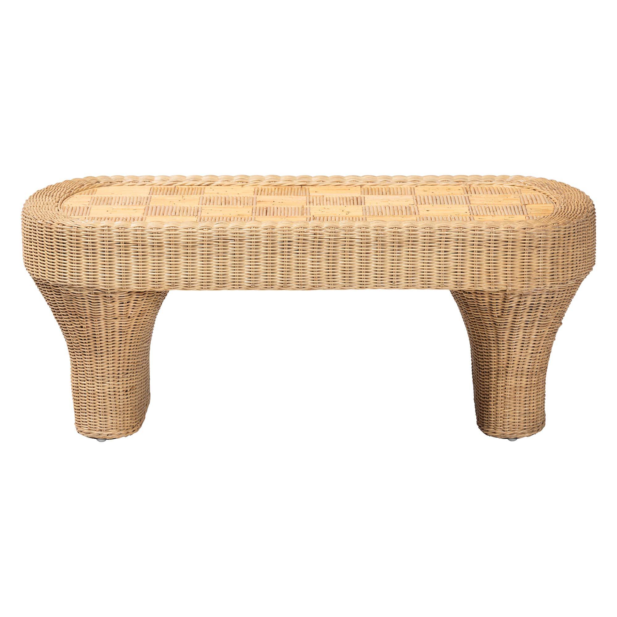 Angle. bali & pari - Canika Natural Rattan Coffee Table - Handwoven Wicker Accent Table with Checkered Tabletop and Waterfall Base - Natural Rattan.