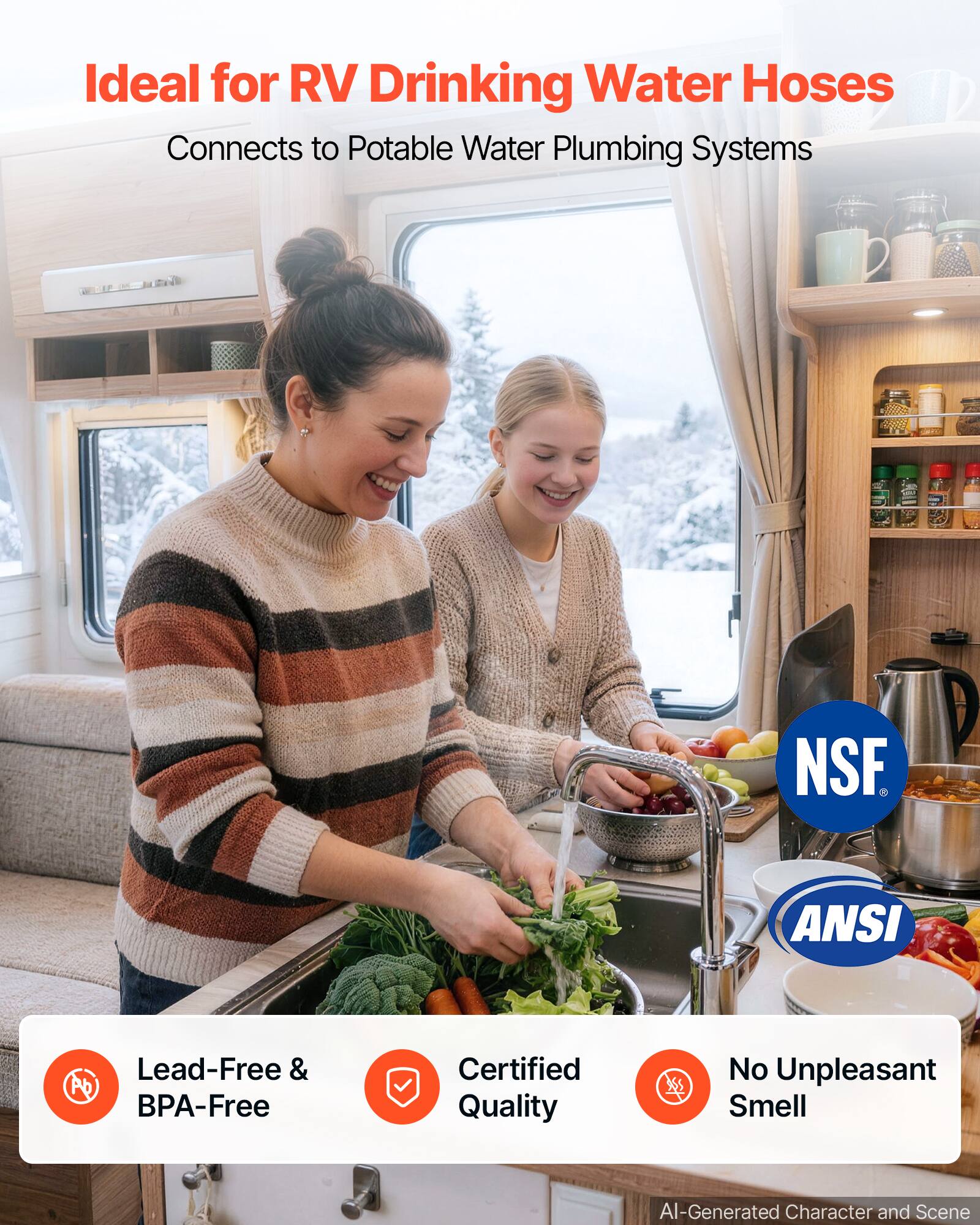 Ideal for RV Drinking Water Hoses  
Connects to Potable Water Plumbing Systems  

NSF  
ANSI  

Lead-Free & BPA-Free  
Certified Quality  
No Unpleasant Smell  

AI-Generated Character and Scene