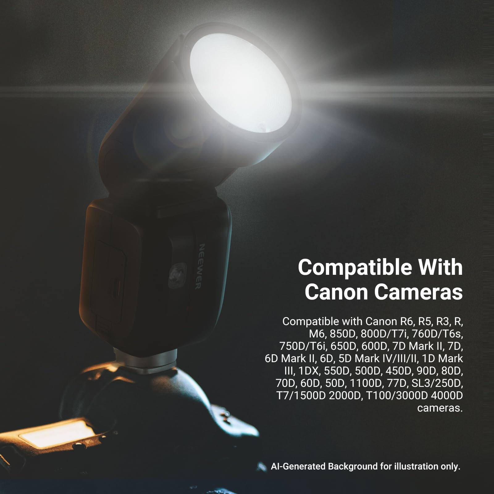 NEEWER

Compatible With Canon Cameras

Compatible with Canon R6, R5, R3, R, M6, 850D, 800D/T7i, 760D/T6s, 750D/T6i, 650D, 600D, 7D Mark II, 7D, 6D Mark II, 6D, 5D Mark IV/III/II, 1D Mark III, 1DX, 550D, 500D, 450D, 90D, 80D, 70D, 60D, 50D, 1100D, 77D, SL3/250D, T7/1500D 2000D, T100/3000D 4000D cameras.

AI-Generated Background for illustration only.