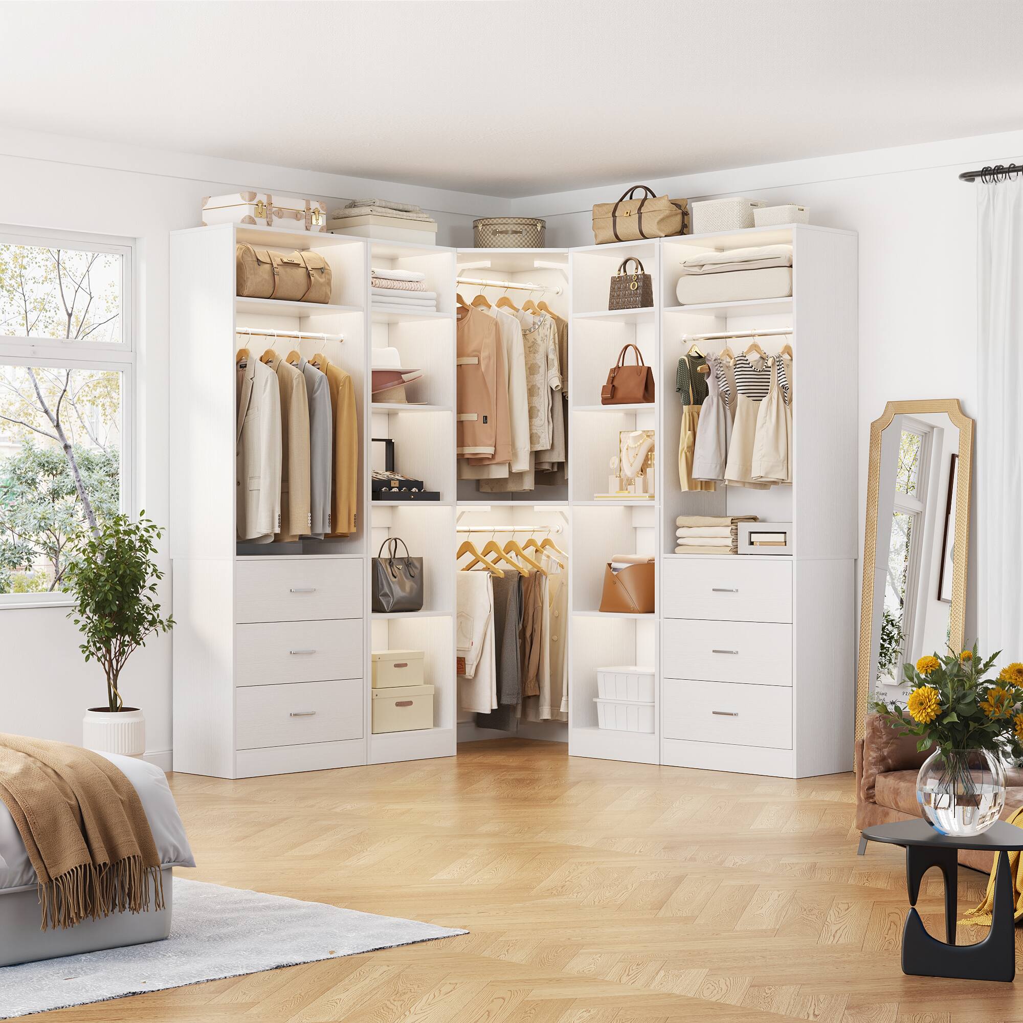 Angle. Aheaplus - Reversible L Shaped Corner Walk-in Closet System - 6 Drawers, 20+ Shelves, 4 Hanging Rods, 2500+LBS Load,63.2"L-87.2"L. - White.