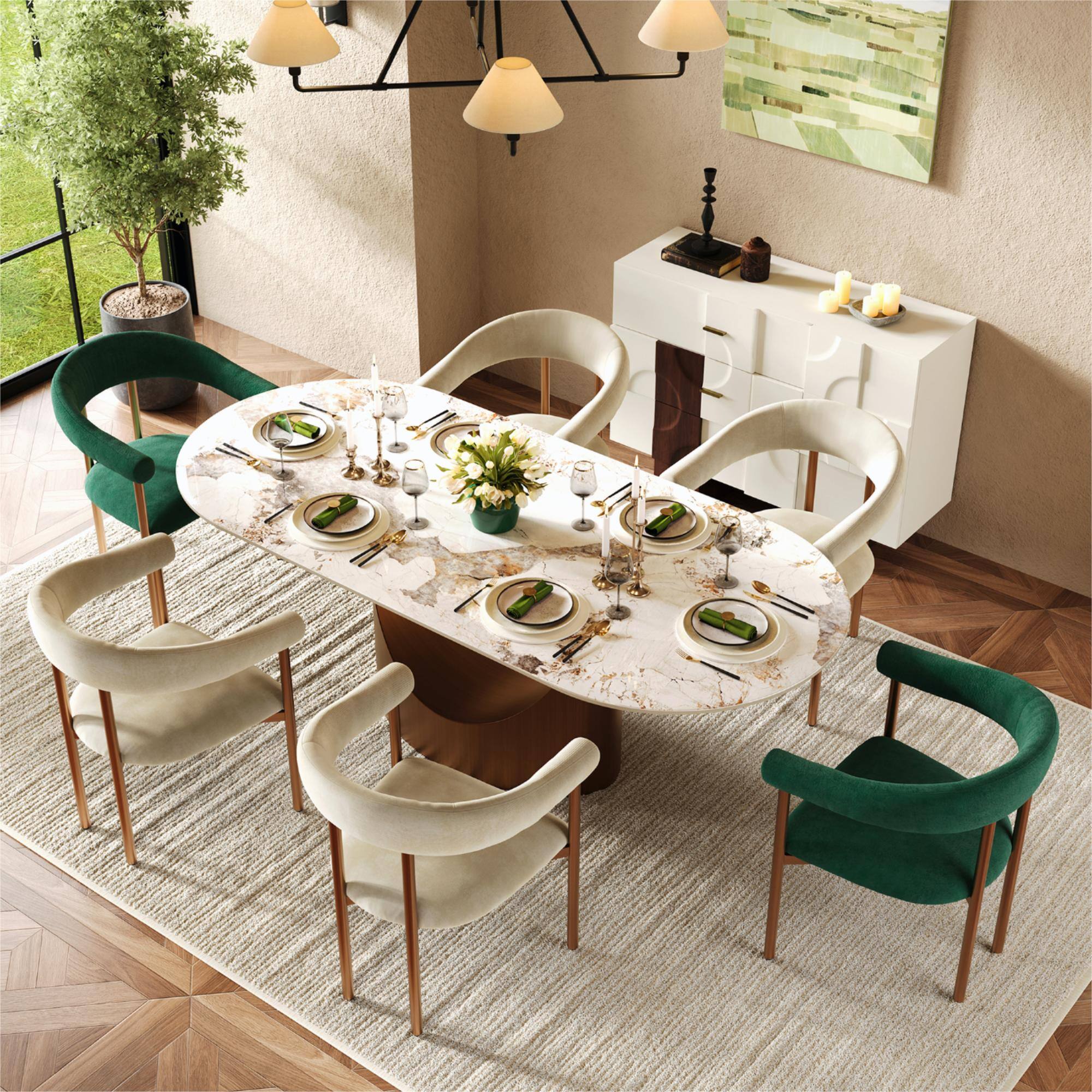 Angle. POVISON - Modern Upholstered Armrest Dining Chair, Green Velvet Accent Chair with Arms, Fully Assembled - Green & Bronze.