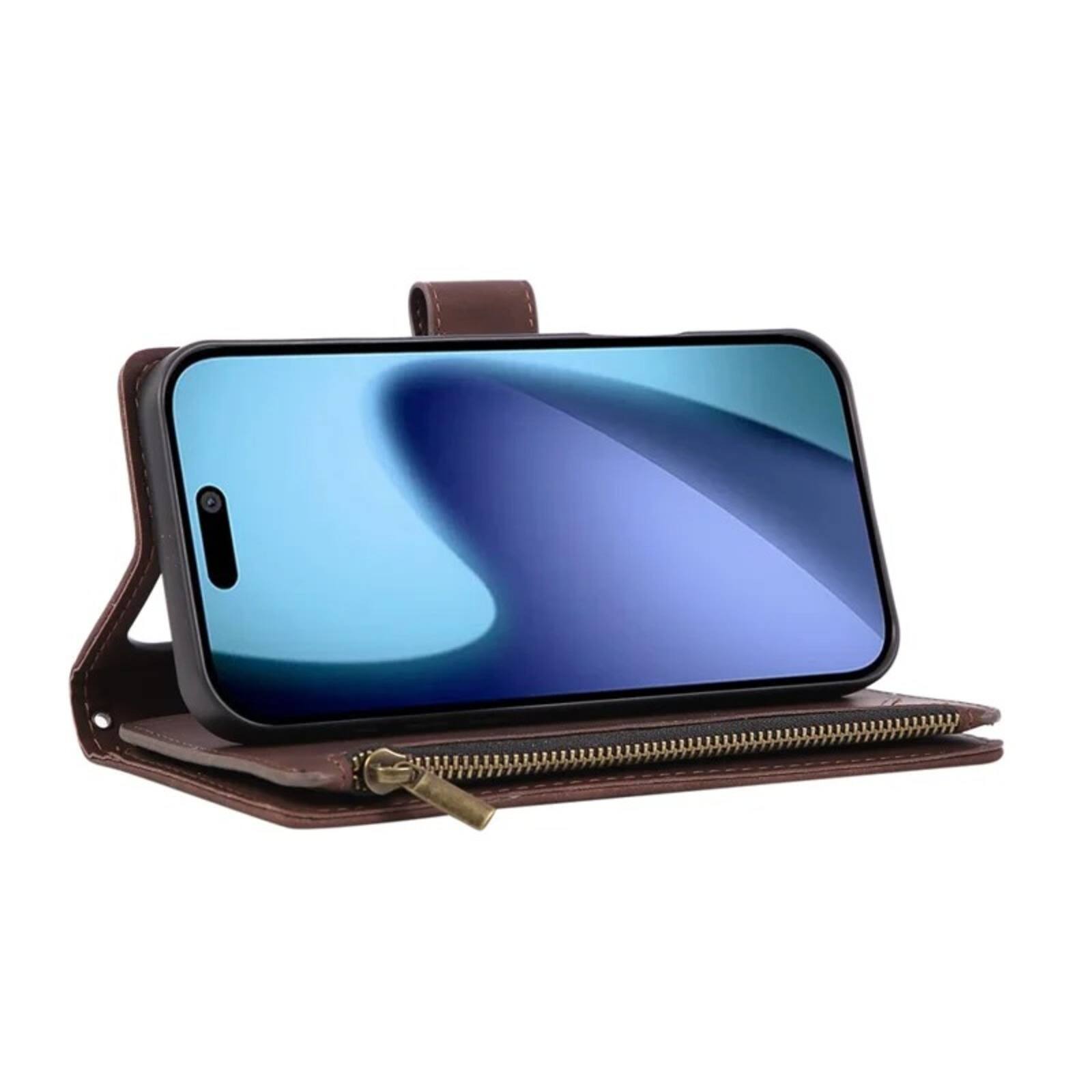 Alt View 1. UUCOVER - Wallet Case for Apple iPhone 18 Pro with Card Slots Cash Holder, Zipper Pocket, Wrist & Shoulder Strap, Flip Stand Cover - Coffee.
