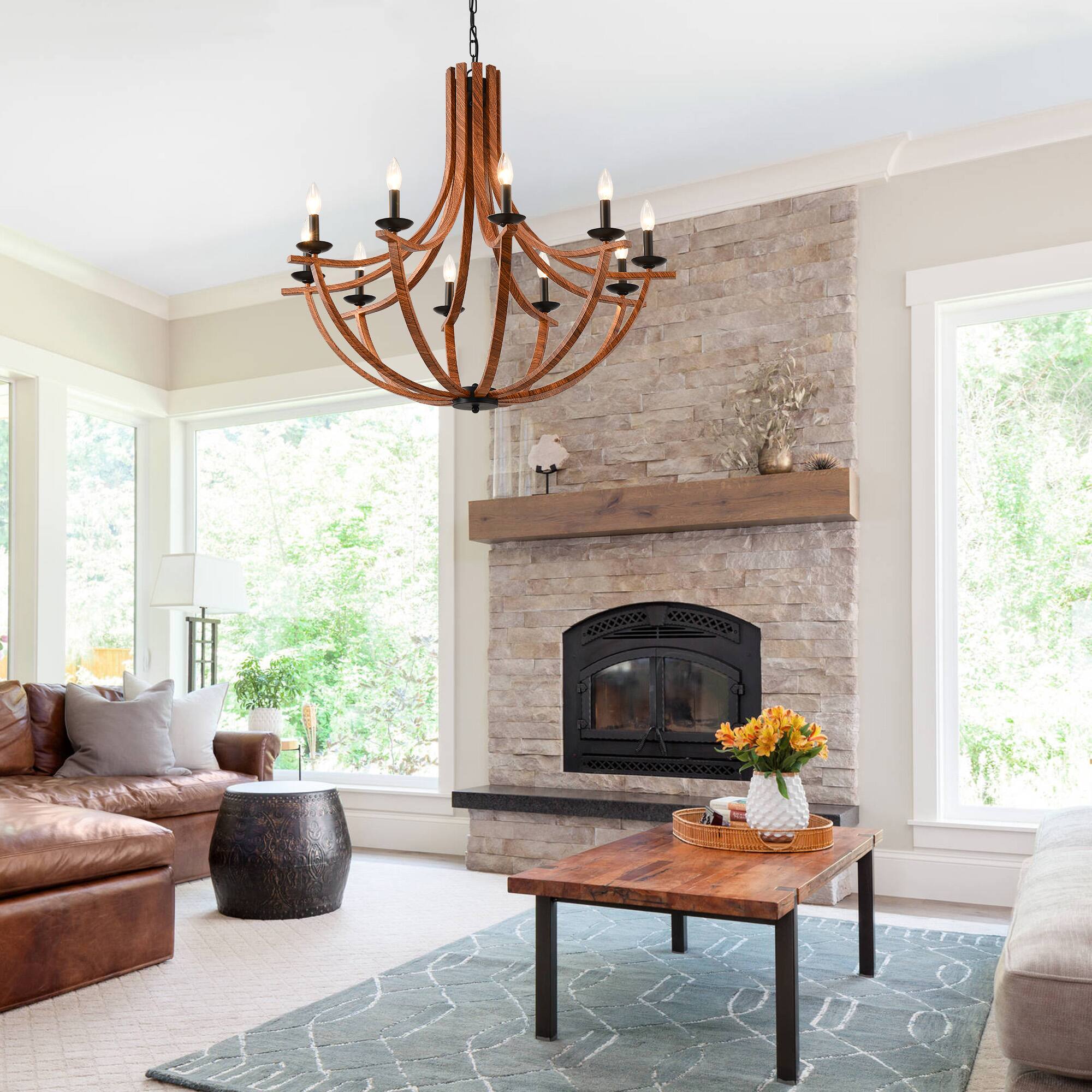 Alt View 1. RYHNUYNE - 35"Farmhouse Chandelier,10-Light Dining Room Light Fixture,Rustic Chandelier Wooden Light Fixtures for Living Room - Brown.