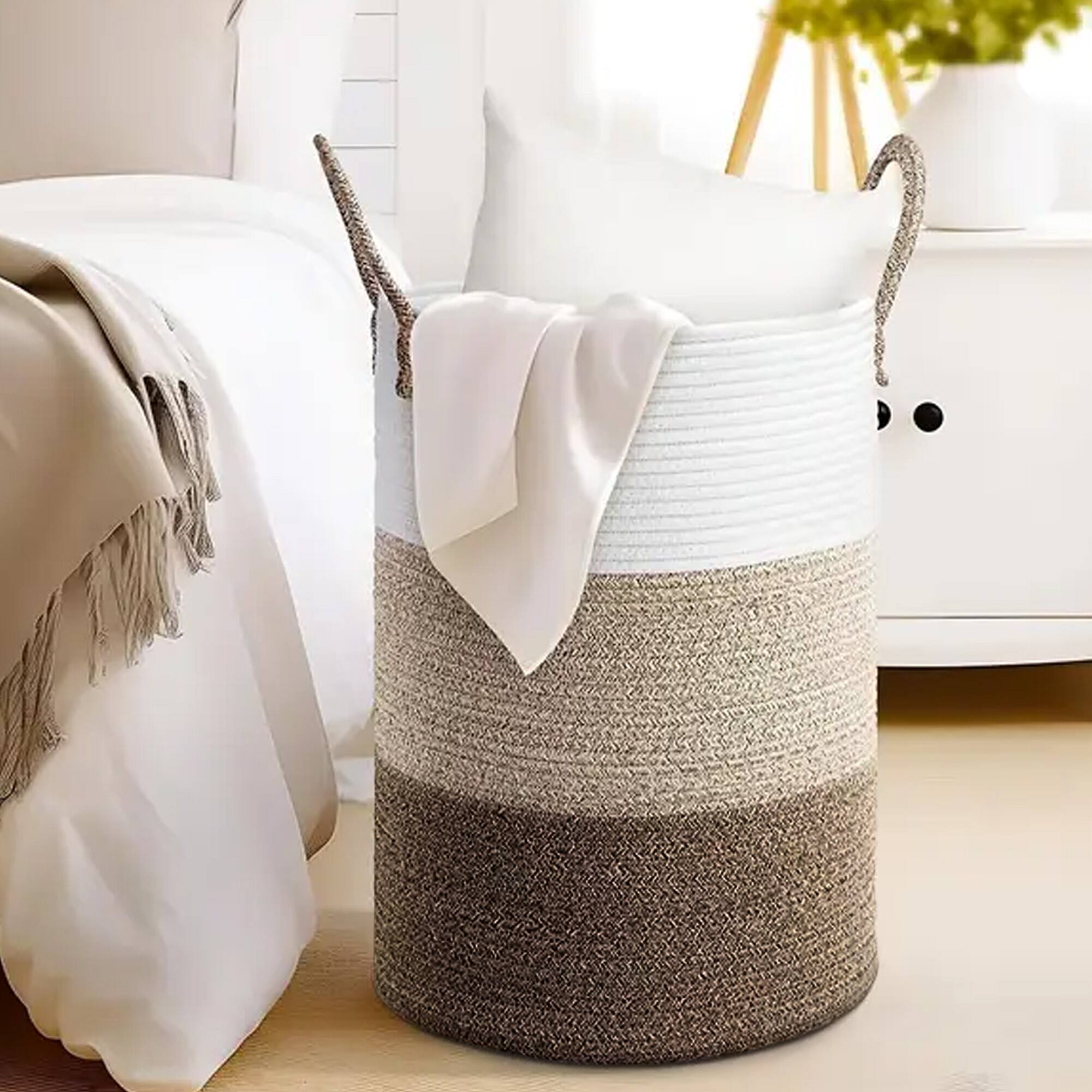 Alt View 2. Cheer Collection - Woven Cotton Rope Laundry Hamper – Large 16 x 16 x 22 in Storage Basket with Reinforced Handles - 3 Tone Tan - 3-Tone Tan.