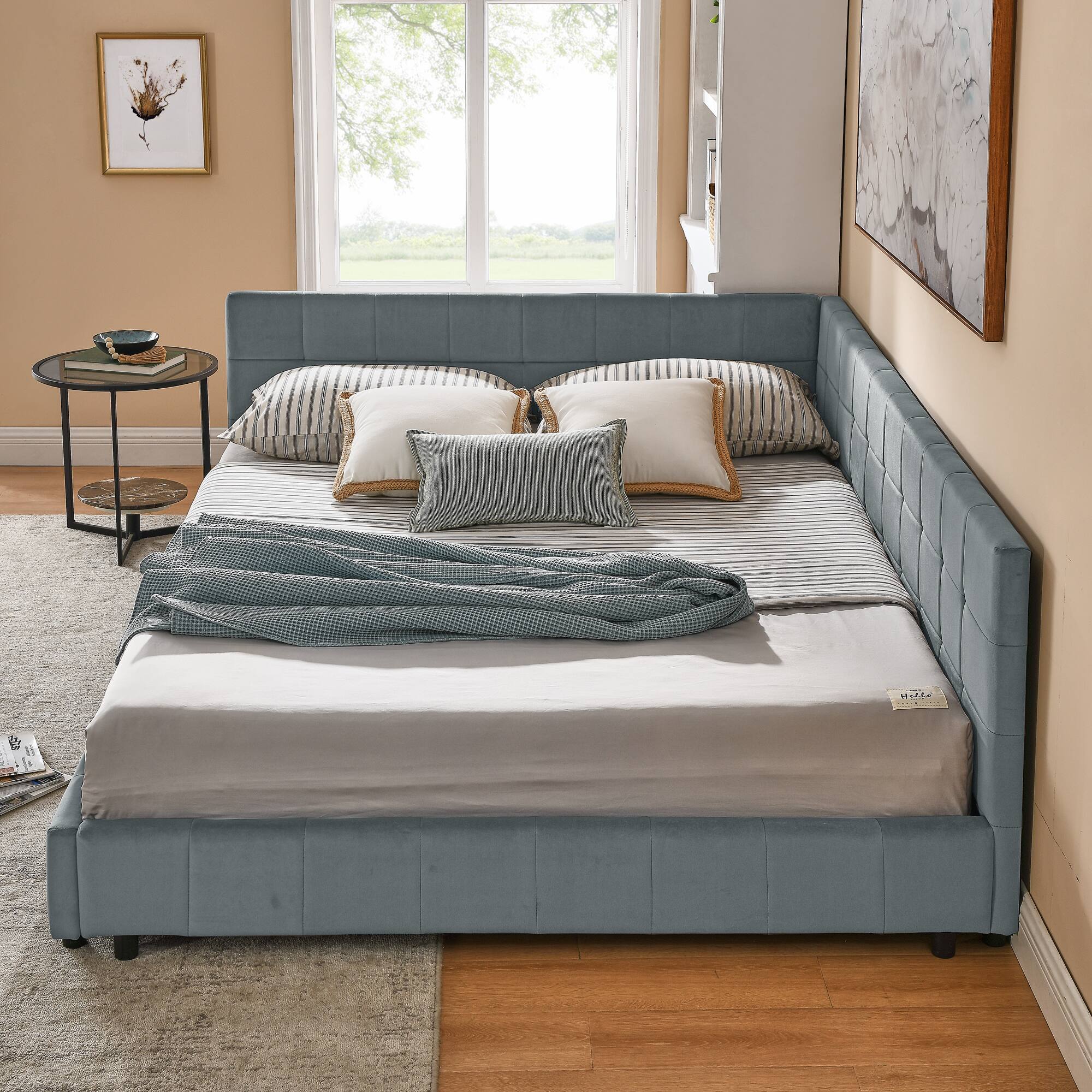 Left. Anysun - Queen Velvet Tufted Sofa Bed Frame - with Comfortable Backrest & Armrests for Bedroom or Living Room - Grey.
