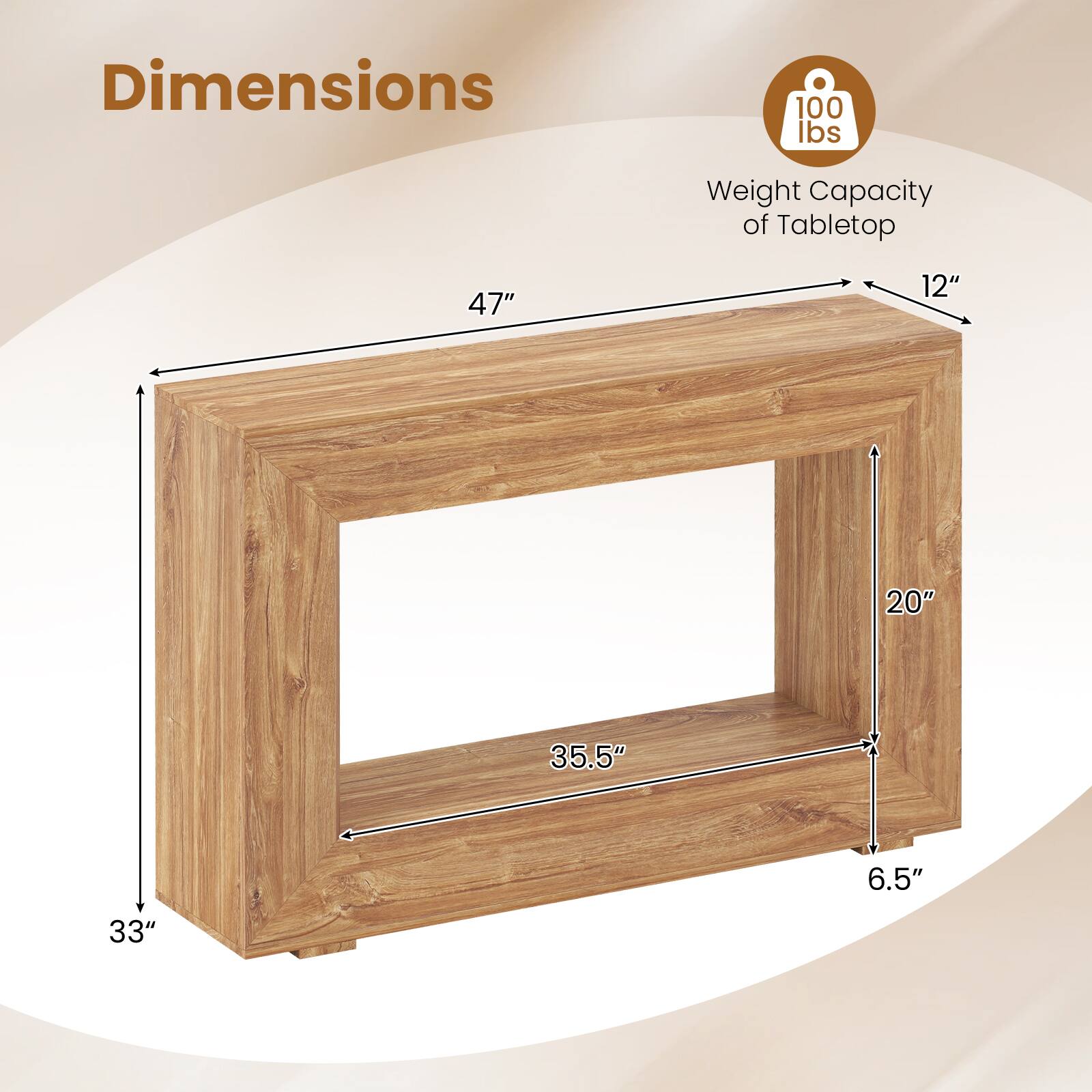 Dimensions

- Weight Capacity of Tabletop: 100 lbs
- Length: 47"
- Width: 12"
- Depth: 20"
- Height: 35.5"
- Thickness: 6.5"
- Overall Height: 33"