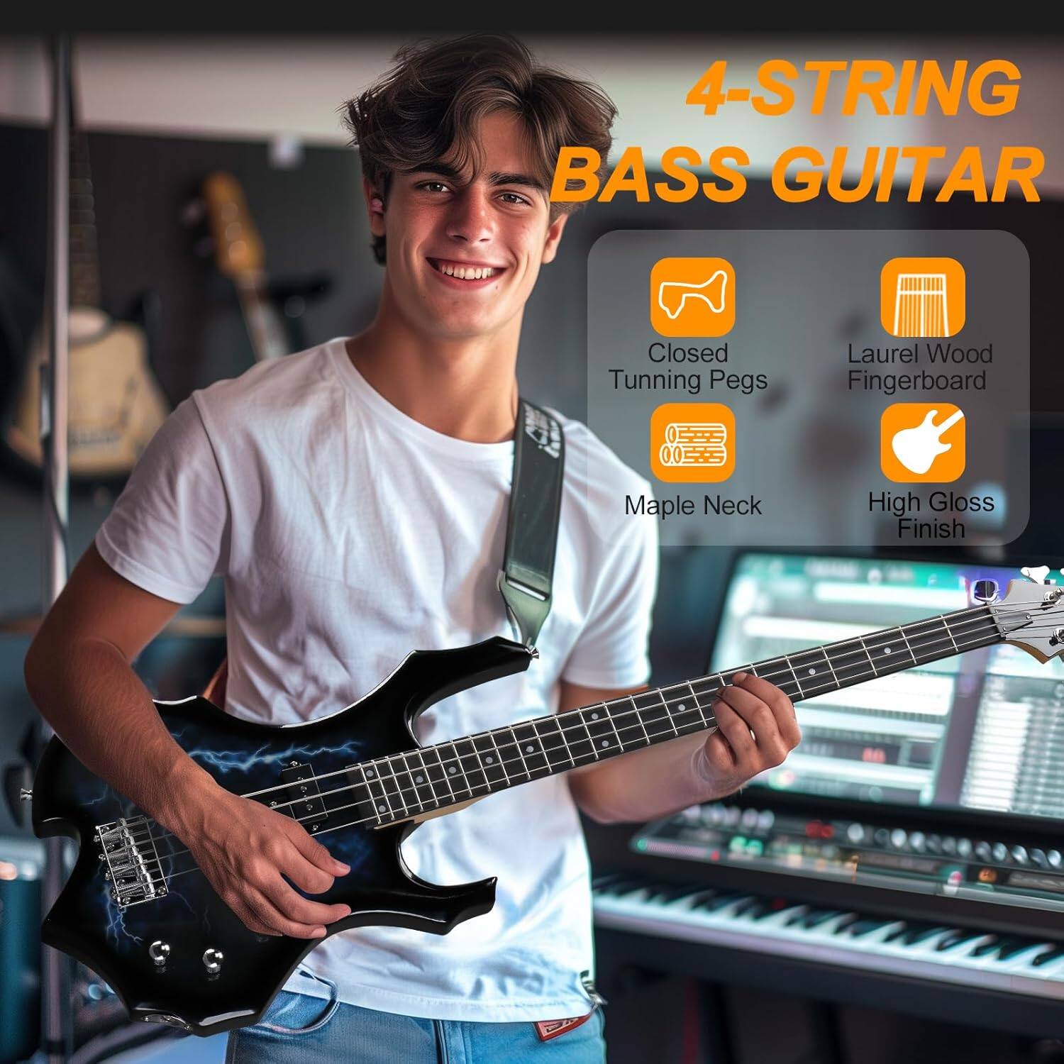 4-STRING BASS GUITAR  
- Closed Tuning Pegs  
- Laurel Wood Fingerboard  
- Maple Neck  
- High Gloss Finish