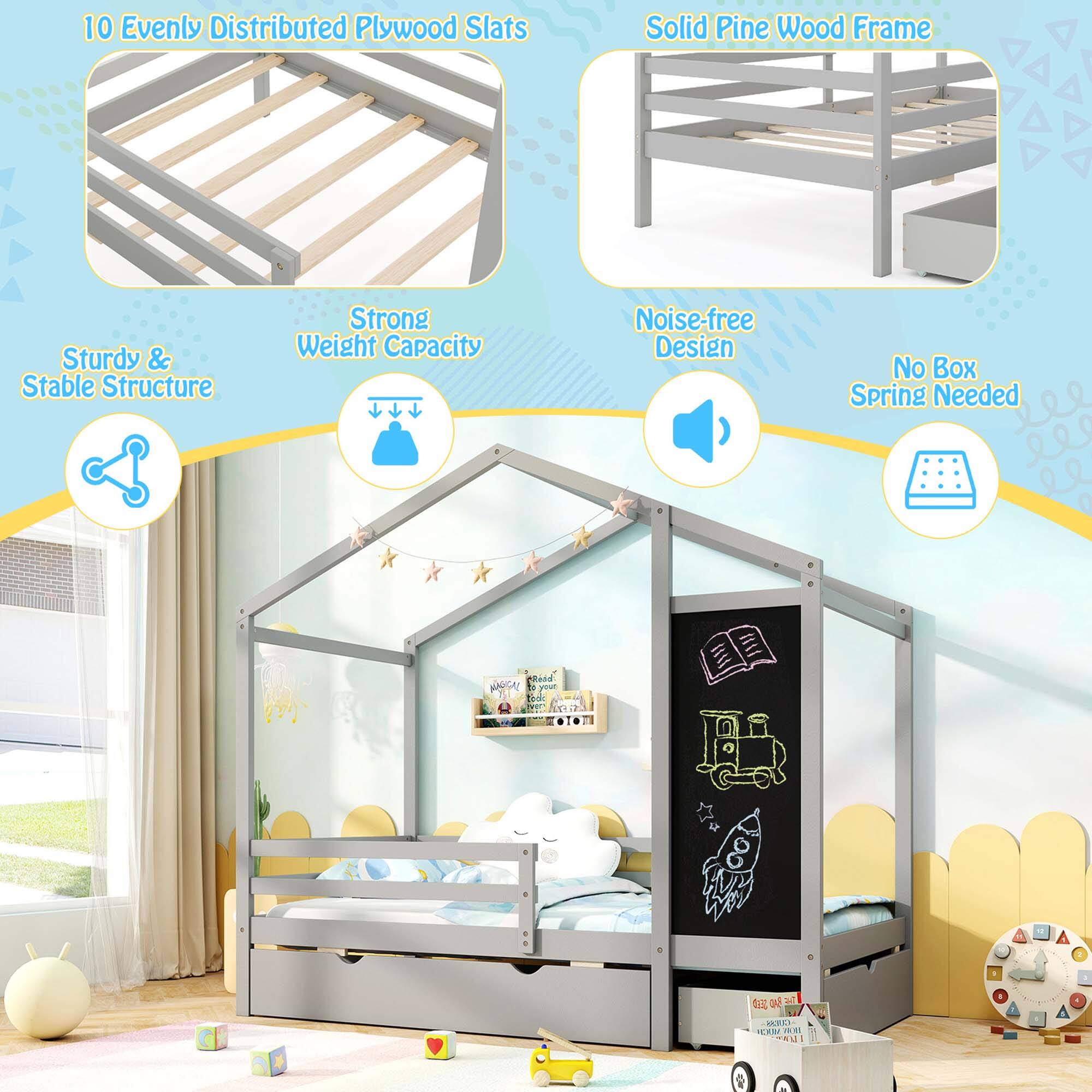 The text on the image reads: "10 Evenly Distributed Plywood Slats Solid Pine Wood Frame Sturdy & Stable Structure Strong Weight Capacity Noise-free Design No Box Spring Needed."