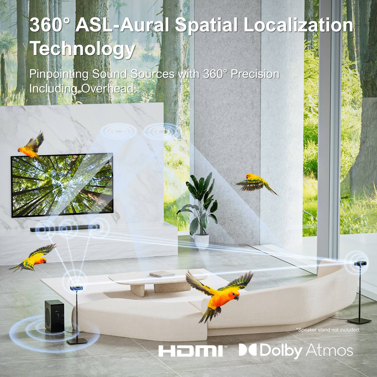 360° ASL-Aural Spatial Localization Technology  
Pinpointing Sound Sources with 360° Precision Including Overhead.

*Speaker stand not included.

HDMI DD Dolby Atmos