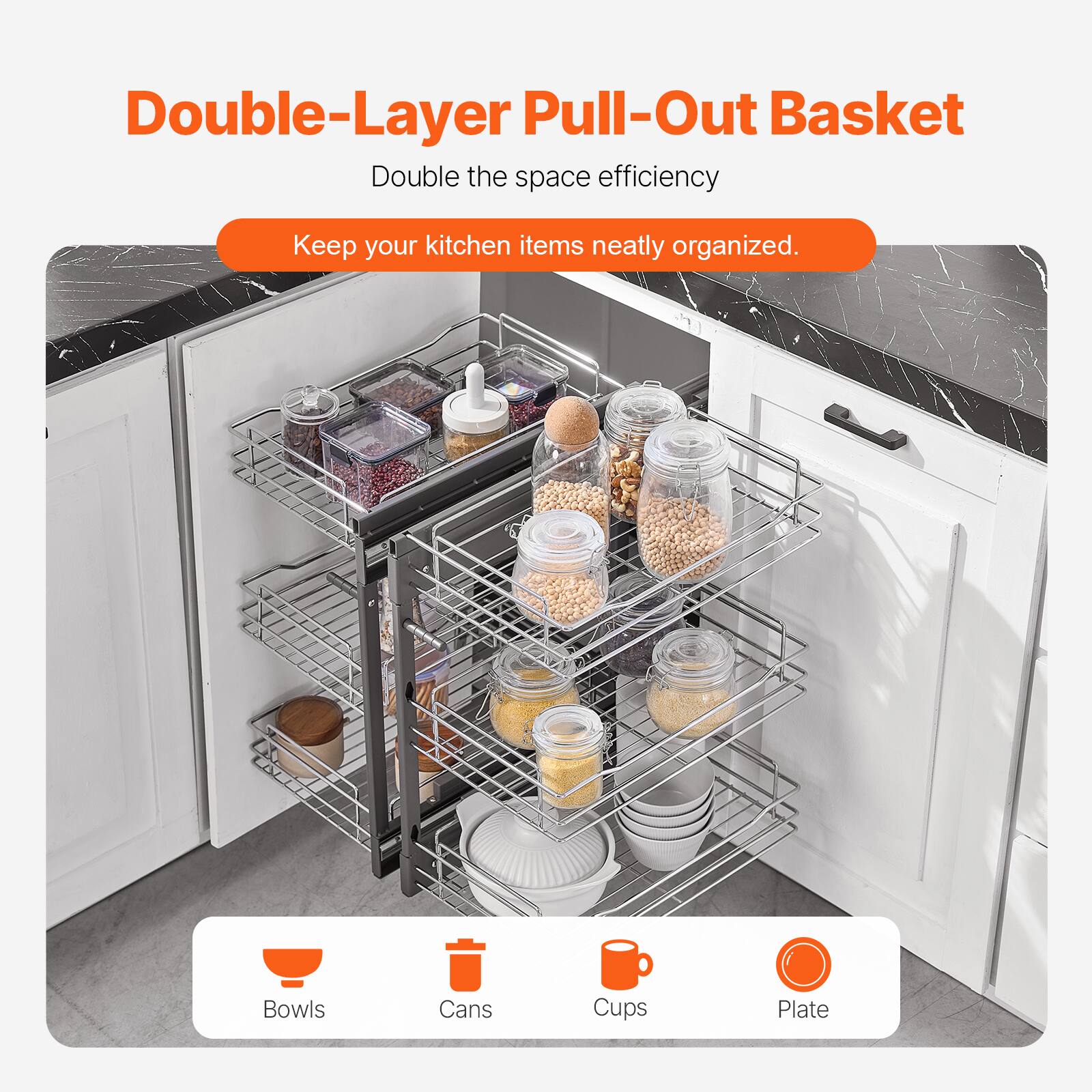 Double-Layer Pull-Out Basket  
Double the space efficiency  
Keep your kitchen items neatly organized.  

Bowls  
Cans  
Cups  
Plate