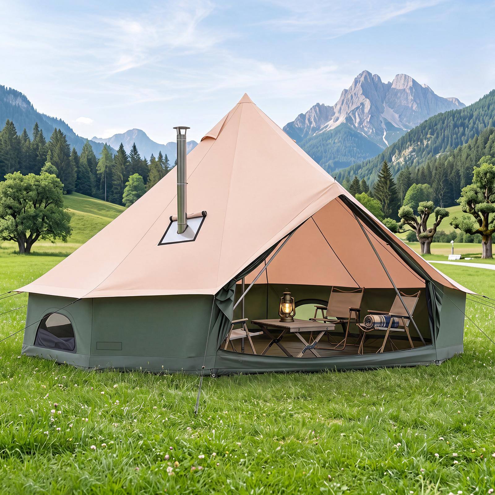 Alt View 1. Costway - Costway 13.5 ft Bell Tent with Stove Jack, Mesh Windows & Doors, Accommodates 4-6 Person - Khaki & Green.
