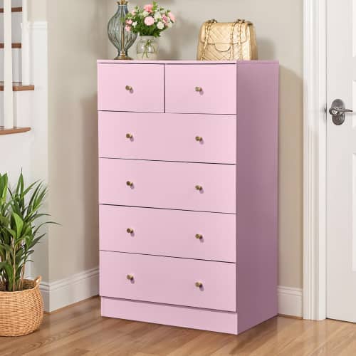 Winado - Modern Wood 6 Drawer Dresser Chest of Drawer Nightstand Anti-Tipping Device Metal Handle for Bedroom Living Room Hallway - Pink