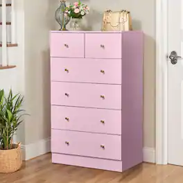 Winado - Modern Wood 6 Drawer Dresser Chest of Drawer Nightstand Anti-Tipping Device Metal Handle for Bedroom Living Room Hallway - Pink