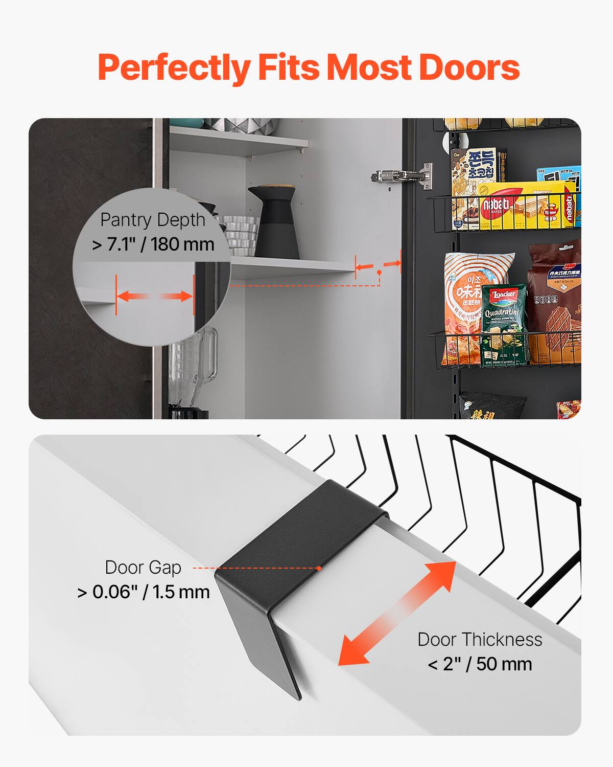 Perfectly Fits Most Doors

Pantry Depth > 7.1" / 180 mm

Door Gap > 0.06" / 1.5 mm

Door Thickness < 2" / 50 mm