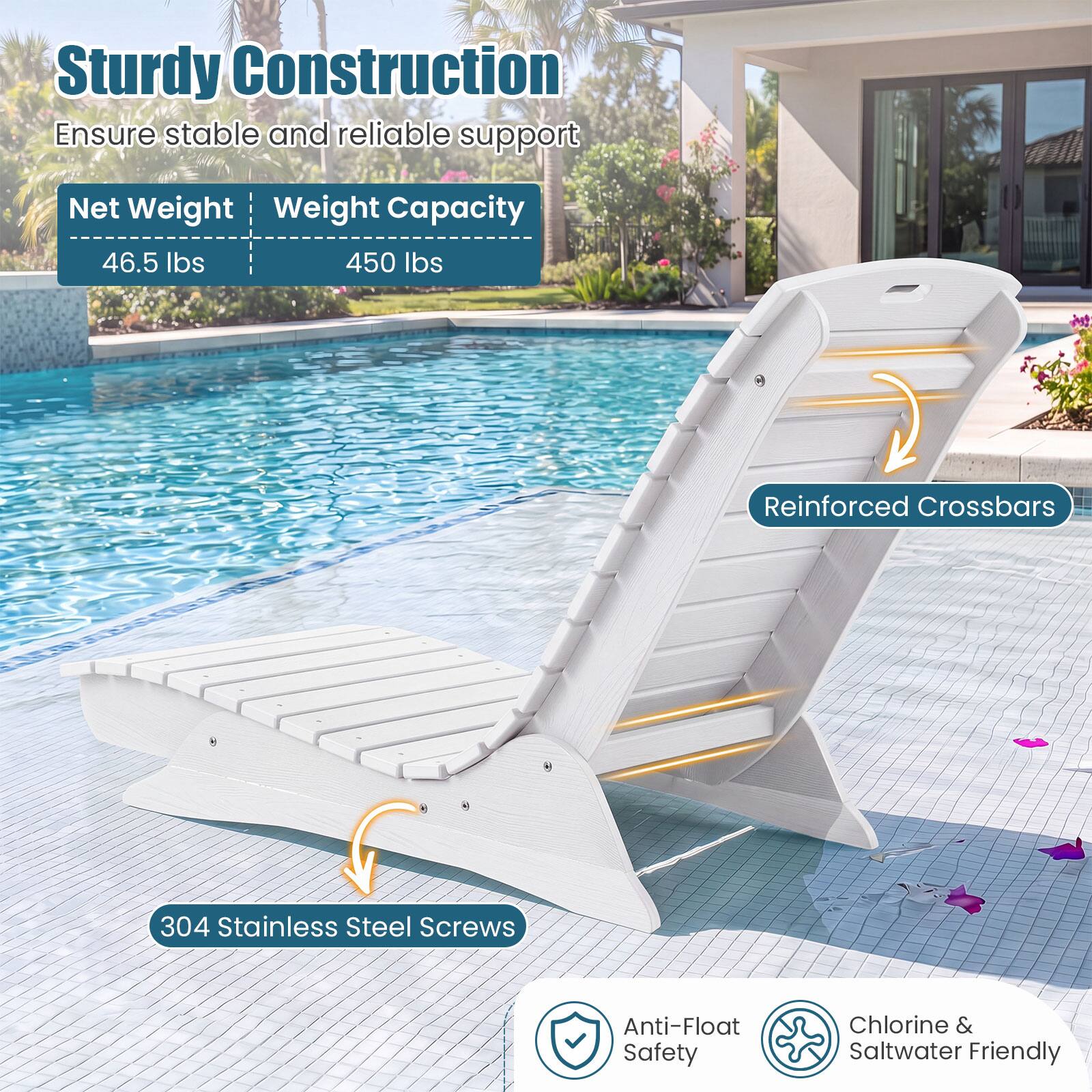 Sturdy Construction Ensure stable and reliable support

Net Weight: 46.5 lbs
Weight Capacity: 450 lbs

Reinforced Crossbars
304 Stainless Steel Screws
Anti-Float Safety
Chlorine & Saltwater Friendly