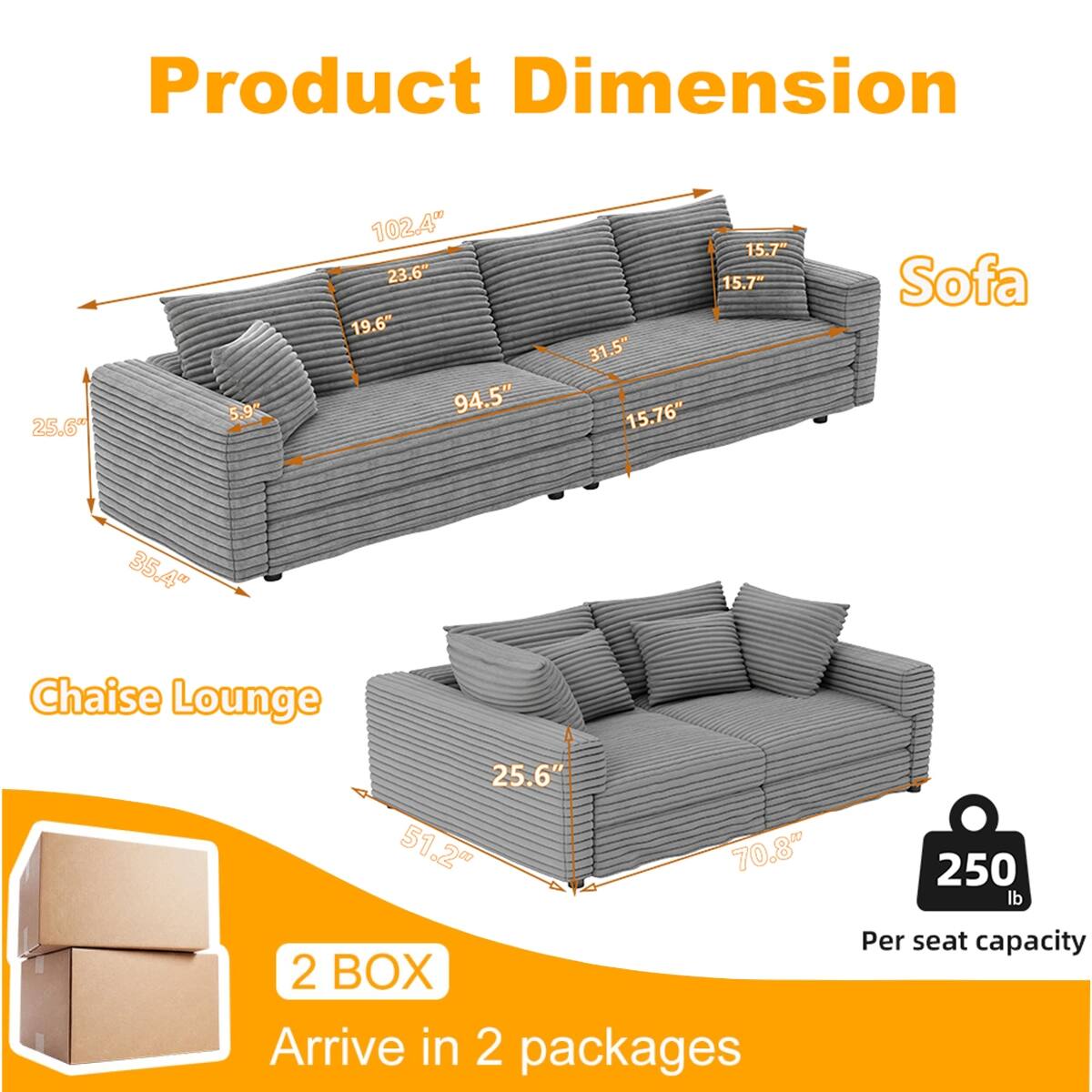 Ropilly Grey Living Room Sofa, 4 Seat Corduroy Sofa with Deep Seat ...