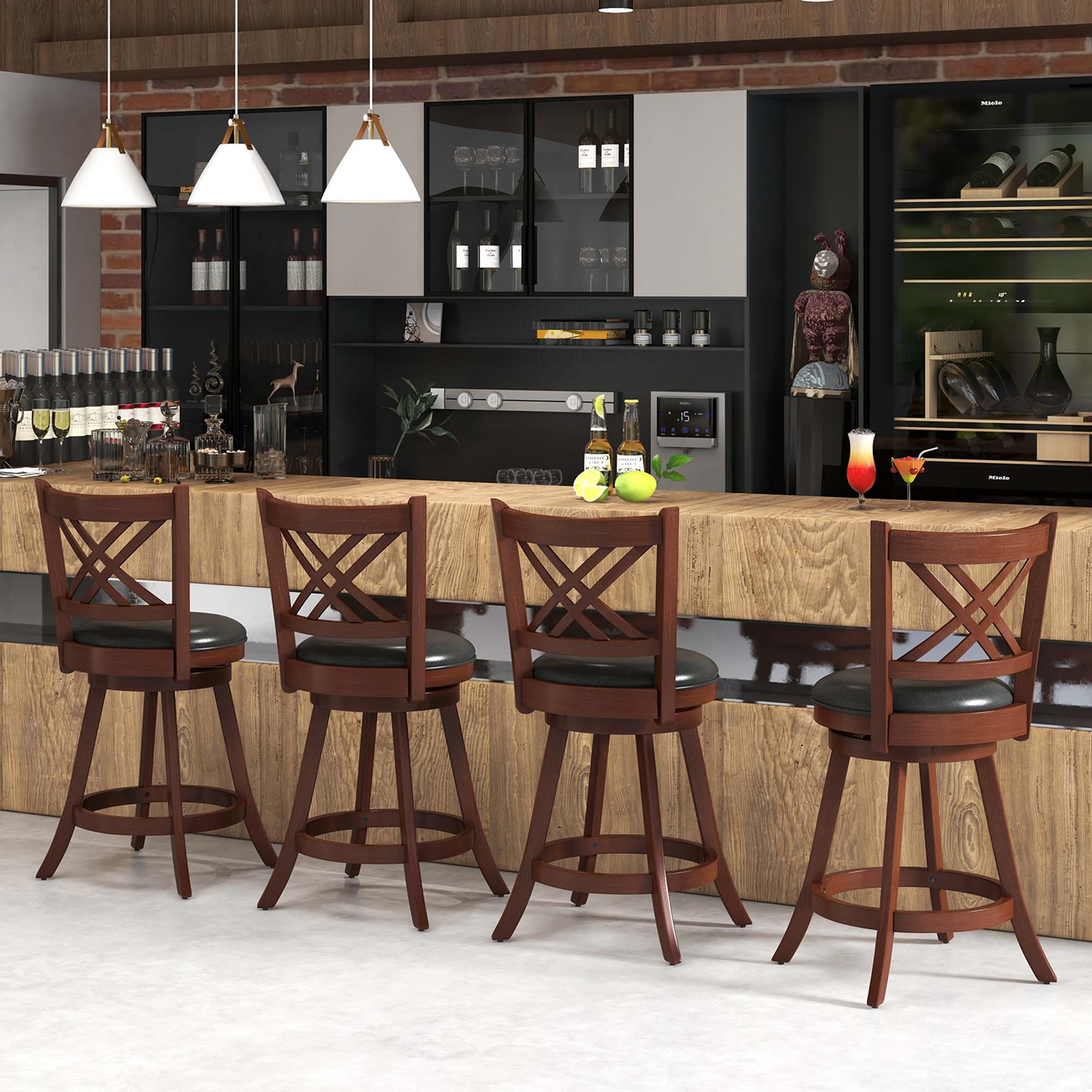 Alt View 3. Costway - 24" Swivel Bar Stools Set of 2 Upholstered Counter Stools with Cushion & Footrests - Black/Brown.