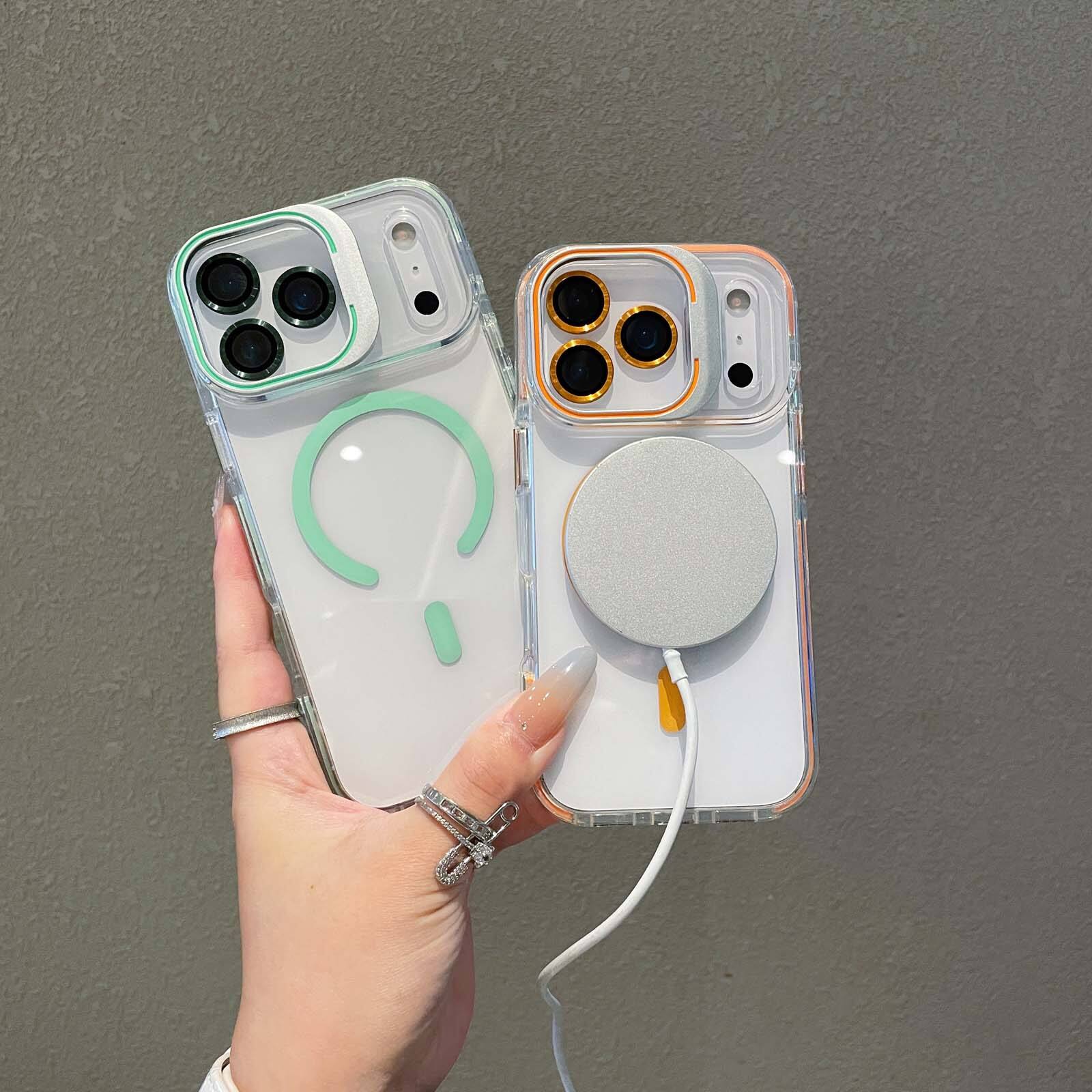 Left. Dteck - Magnetic Clear Case for Apple iPhone 17 Pro Max Built-in Camera Stand, Shockproof Transparent Cover with Lens Protector - Green.