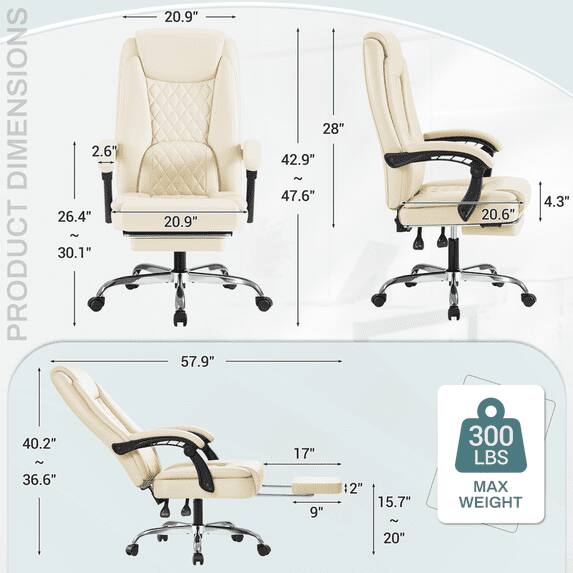 DIMENSIONS  
26.4" 30.1" ~ 2.6"  
PRODUCT  
40.2" ~ 36.6"  
20.9" 20.9" 57.9"  
28" 42.9" ~ 47.6" 17" 2" 15.7" 9" ~  
4.3" 20.6"  
300 LBS MAX WEIGHT  
20"