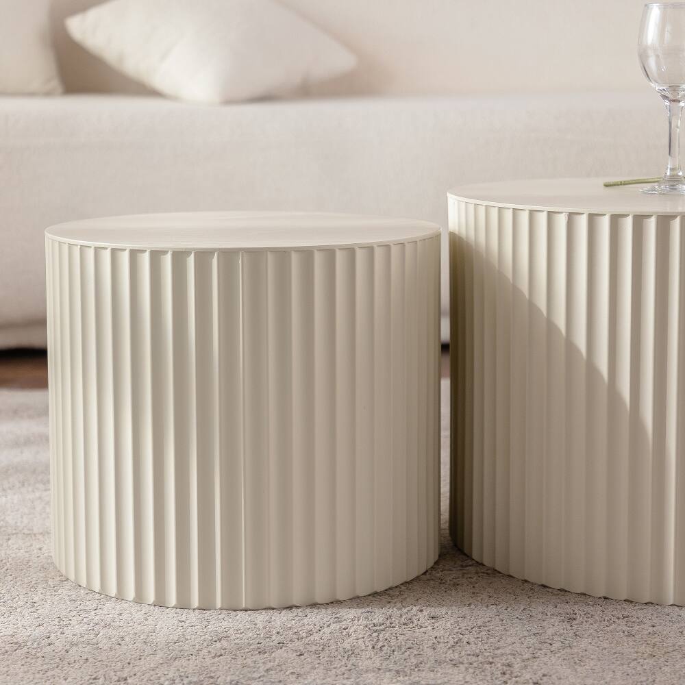Alt View 2. Loheer - Loheer Beige Nesting Coffee Table Set of 2 Modern Drum Side Table Wave Stripe Round End Table for Living Room - Beige.
