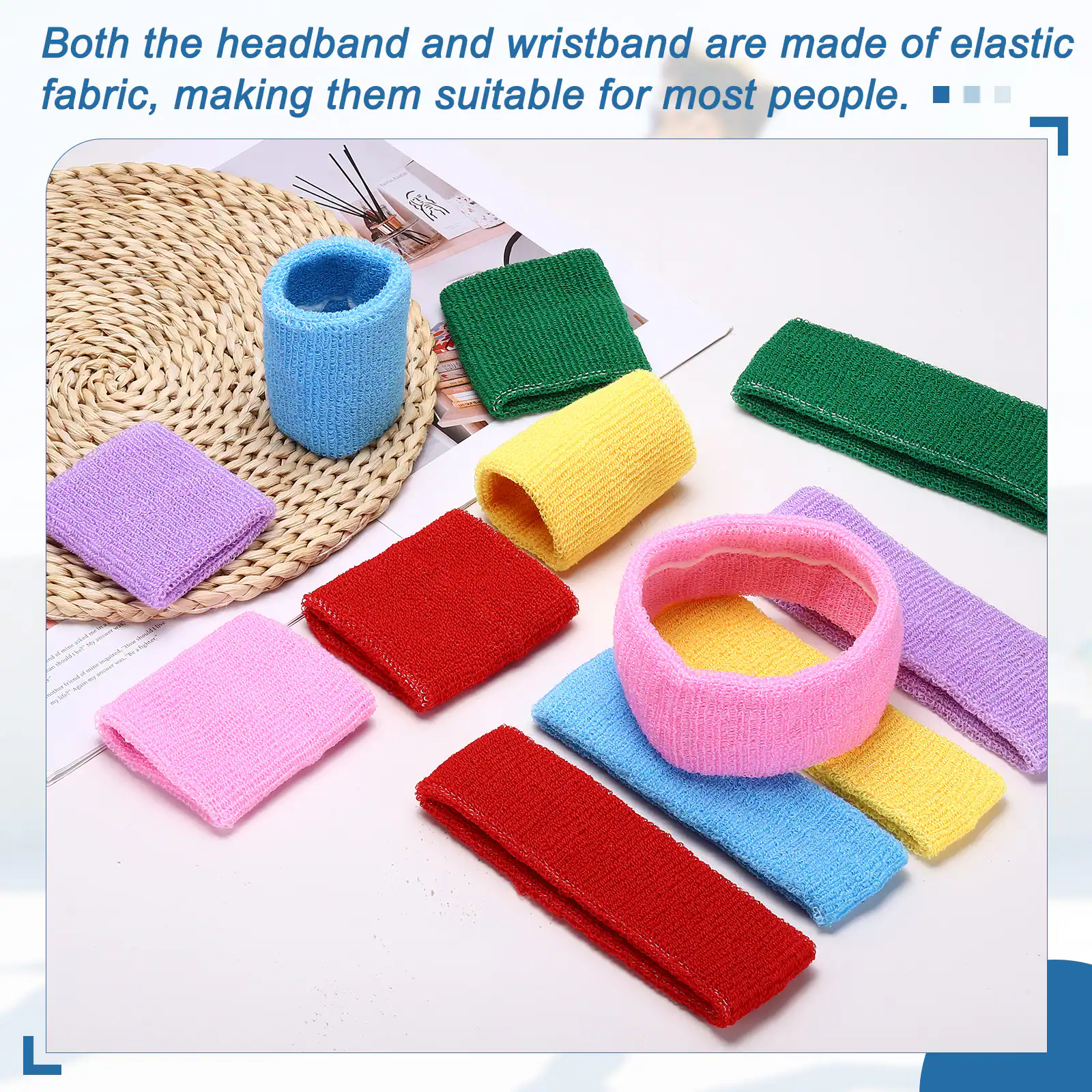 Both the headband and wristband are made of elastic fabric, making them suitable for most people.
