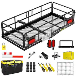 Mockins - 60 in. x 24 in. x 14 in. High Rail Cargo Hitch Carrier w/ 30 Cu Ft. Cargo Bag, Rear Lights, Plate Holder and Accessories