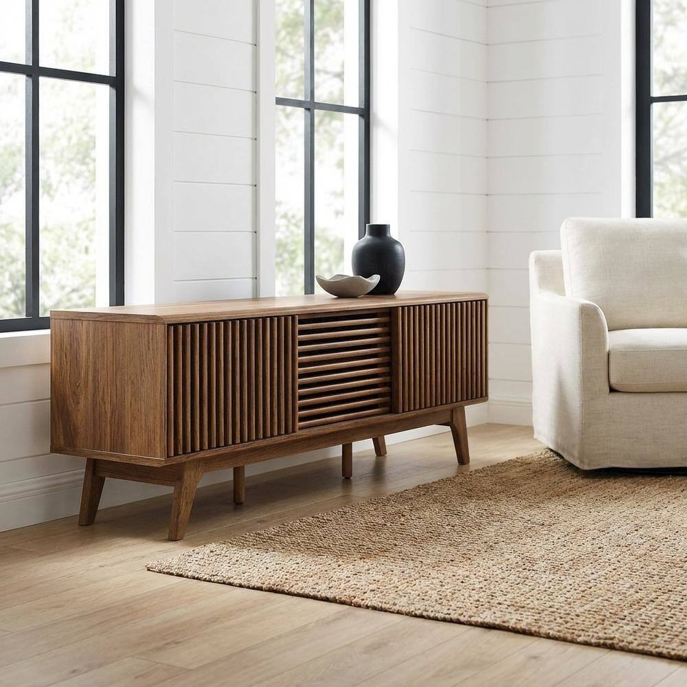Angle. FurniFact - Brown wood TV stand with sleek design and versatile storage solution - Brown.