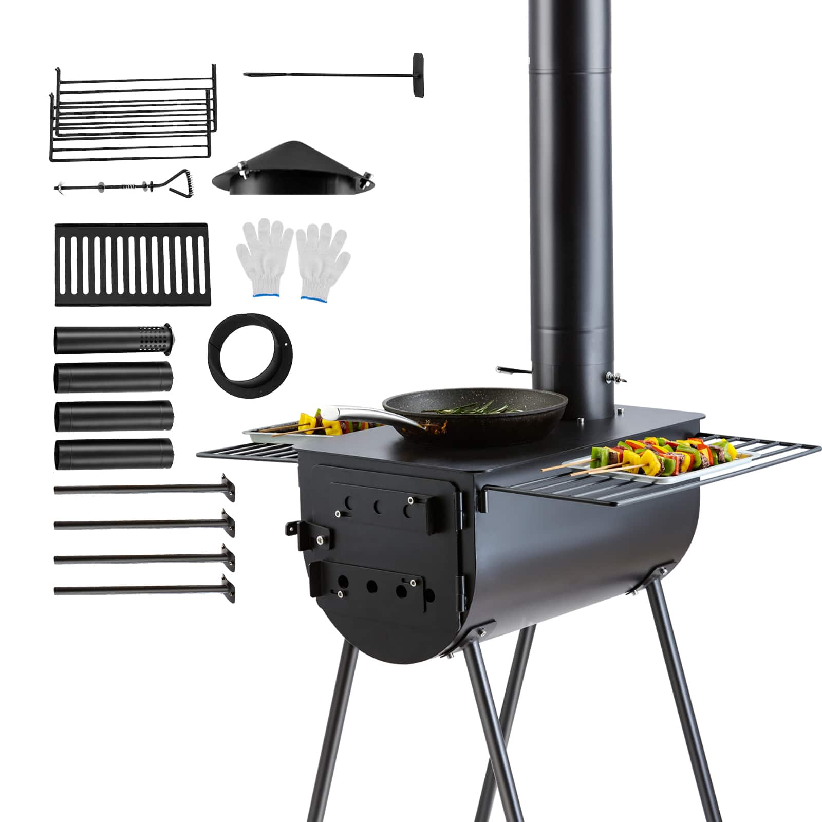VEVOR - Wood Stove, 118 inch, Alloy Steel Camping Tent Stove, Portable Wood Burning Stove with Chimney Pipes & Gloves - Black
