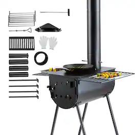 VEVOR - Wood Stove, 118 inch, Alloy Steel Camping Tent Stove, Portable Wood Burning Stove with Chimney Pipes & Gloves - Black