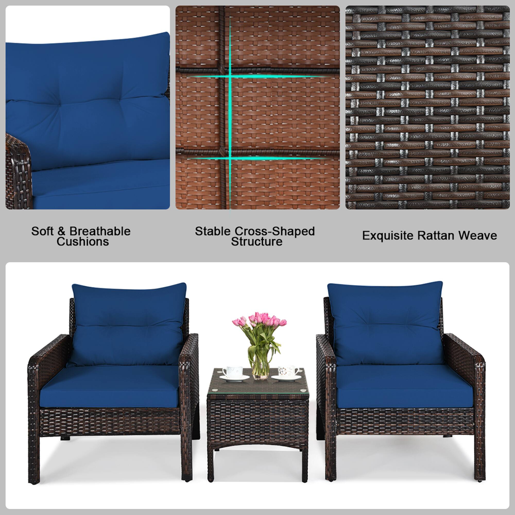 Soft & Breathable Cushions, Stable Cross-Shaped Structure, Exquisite Rattan Weave
