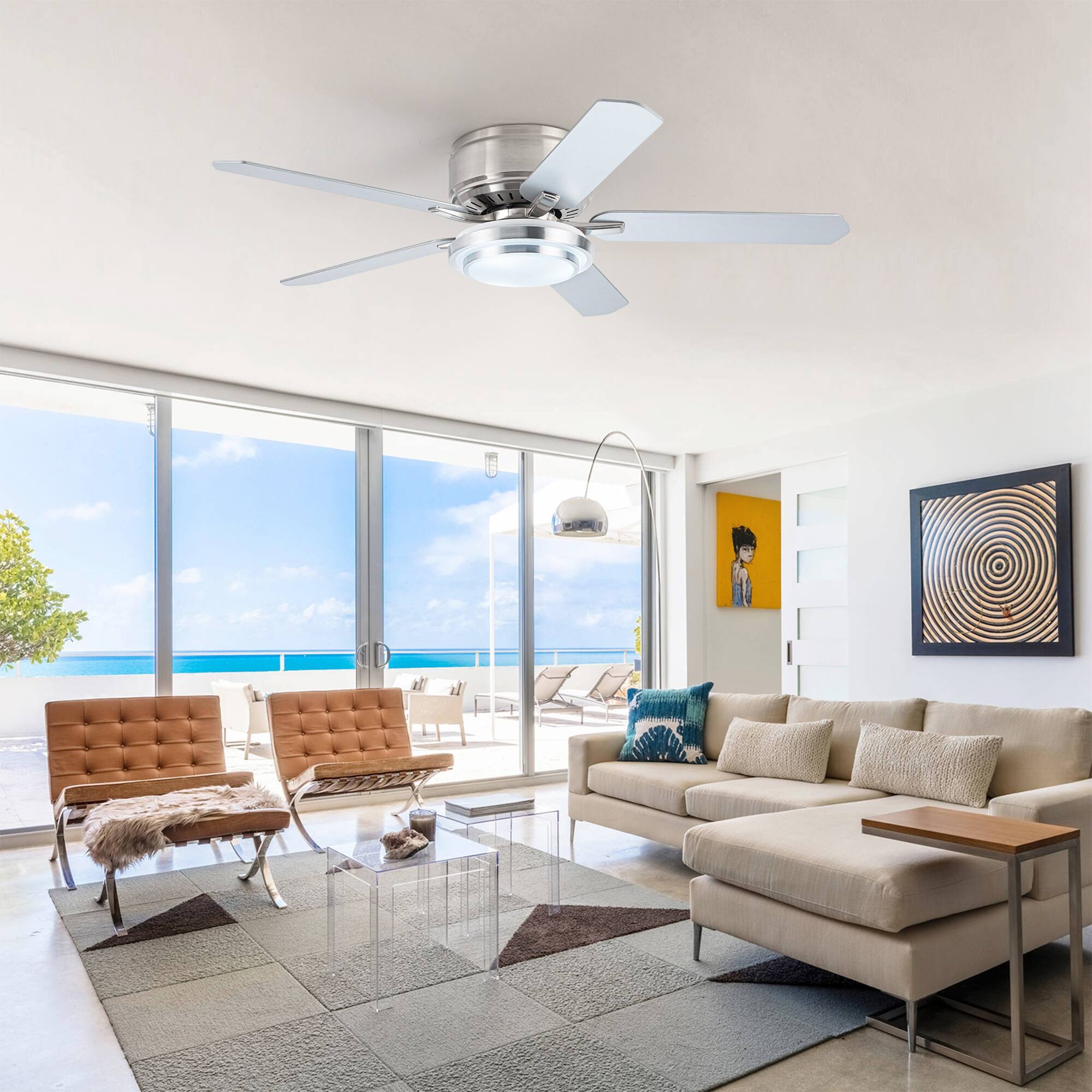 Alt View 1. Vaczon - 52" Modern Brushed Nickel Flush Mount LED Ceiling Fan with Remote and APP Control - Nickel.