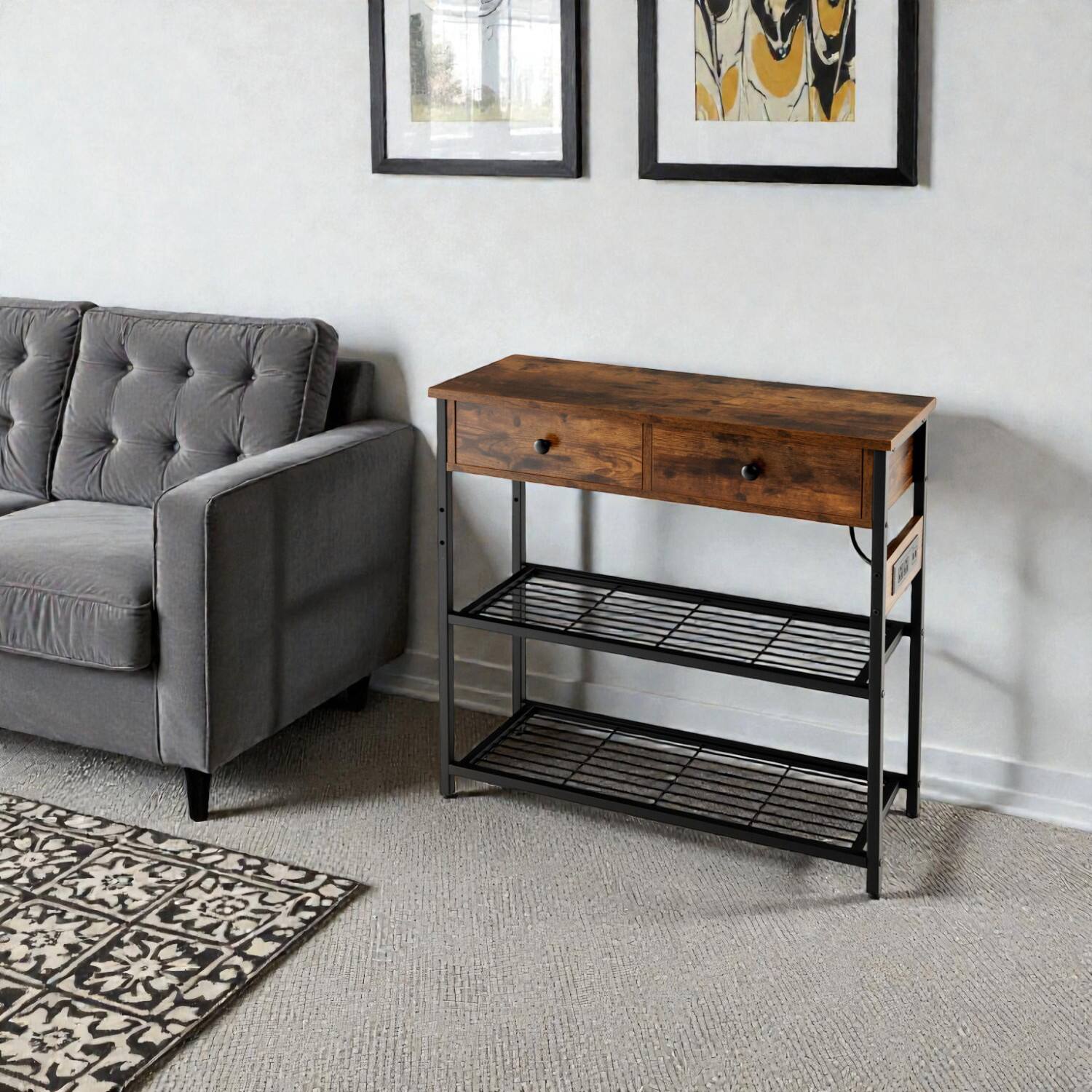 Hivvago - Space-Saving Console with Drawers and Industrial Metal Mesh Shelving - Rustic Brown