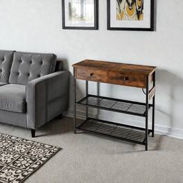 Hivvago - Space-Saving Console with Drawers and Industrial Metal Mesh Shelving - Rustic Brown