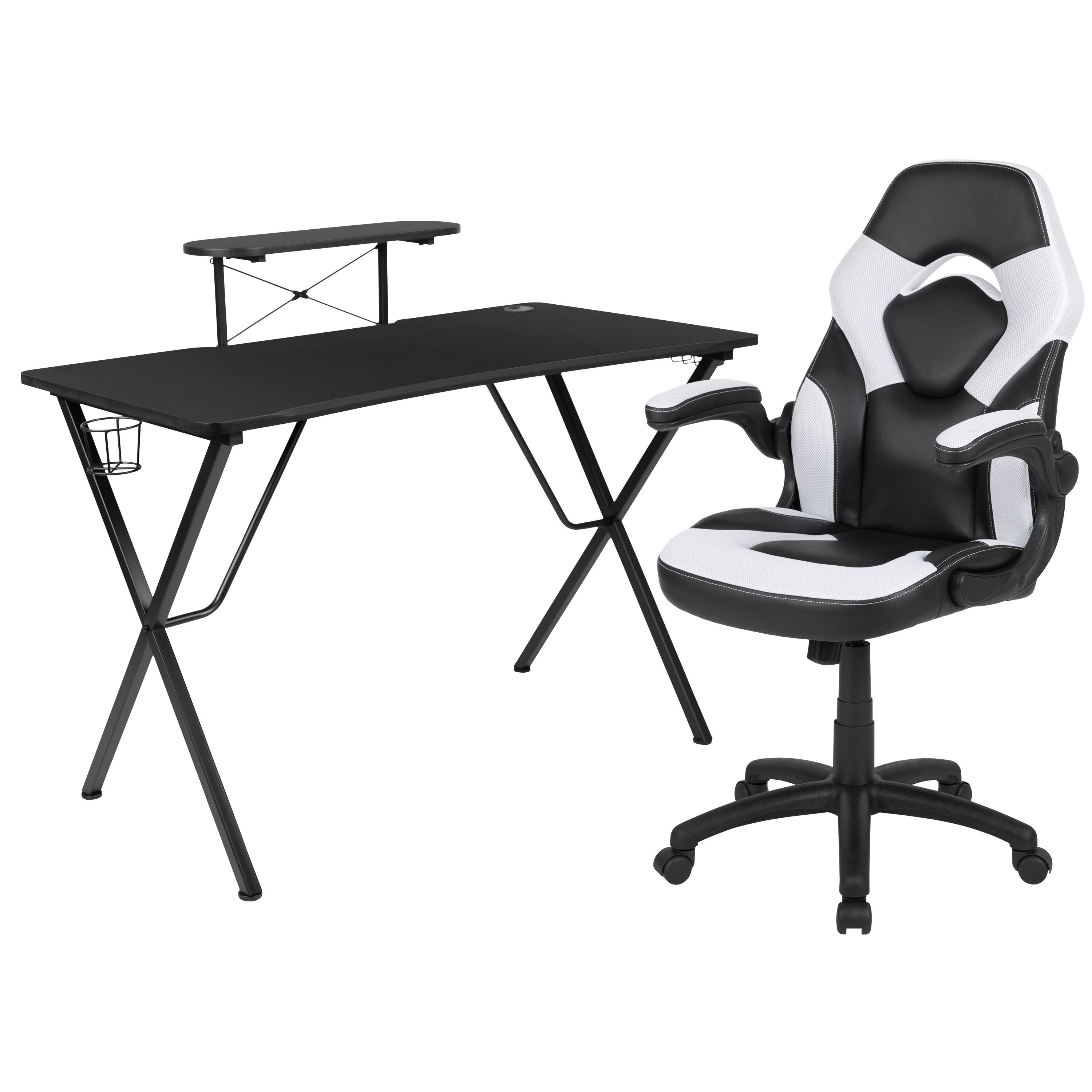 Emma + Oliver - Gaming Desk and Racing Chair Set with Headphone Hook, and Monitor Stand - White