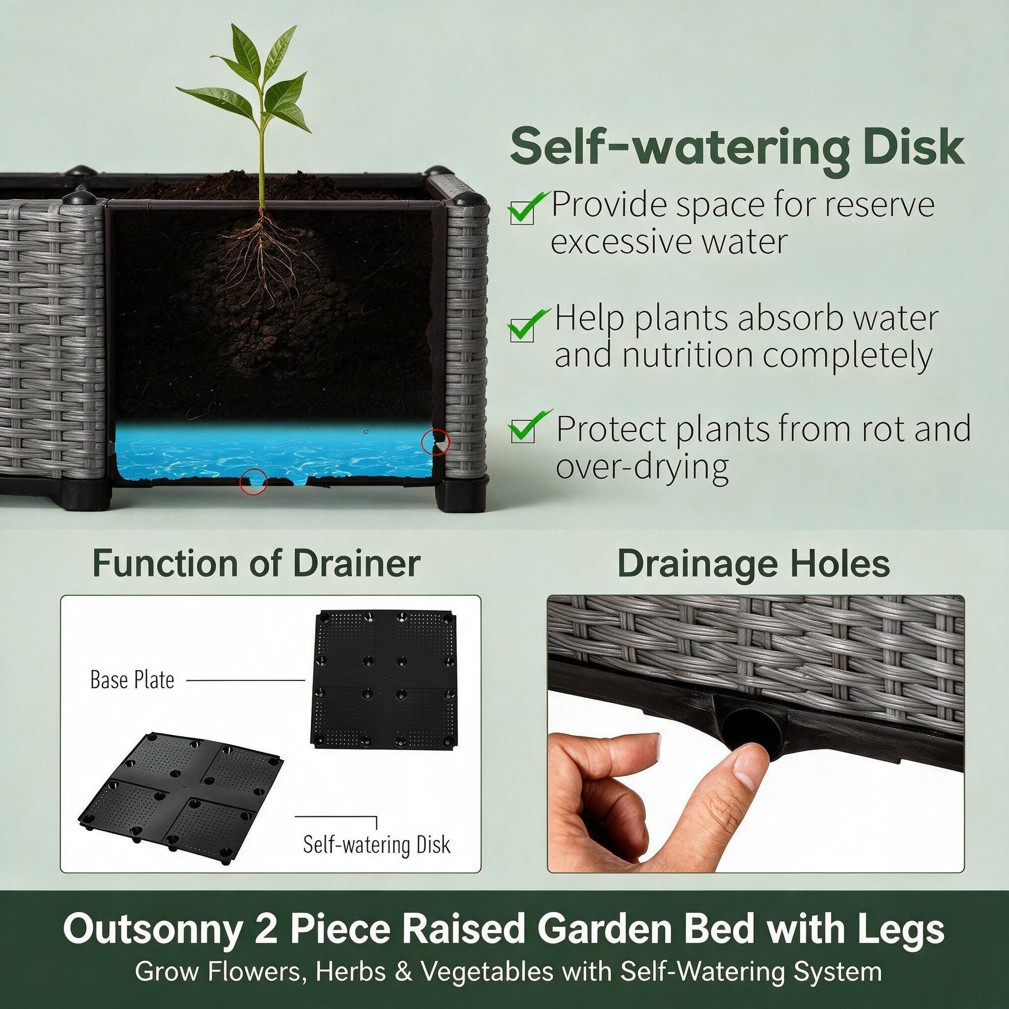 Self-watering Disk  
- Provide space for reserve excessive water  
- Help plants absorb water and nutrition completely  
- Protect plants from rot and over-drying  

Function of Drainer  
- Base Plate  
- Self-watering Disk  

Drainage Holes  

Outsonny 2 Piece Raised Garden Bed with Legs  
Grow Flowers, Herbs & Vegetables with Self-Watering System