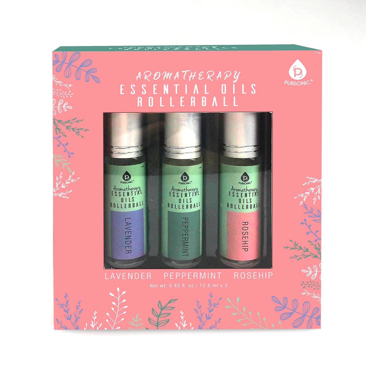 Aromatherapy Essential Oils Rollerball P Pursonic P P P Pursonic Pursonic Pursonic Aromatherapy Aromatherapy Aromatherapy Essential Essential Essential Oils Oils Oils Rollerball Rollerball Rollerball Lavender Peppermint Rosehip Lavender Peppermint Rosehip Net wt: 0.43 fl. oz / 12.8 ml x 3