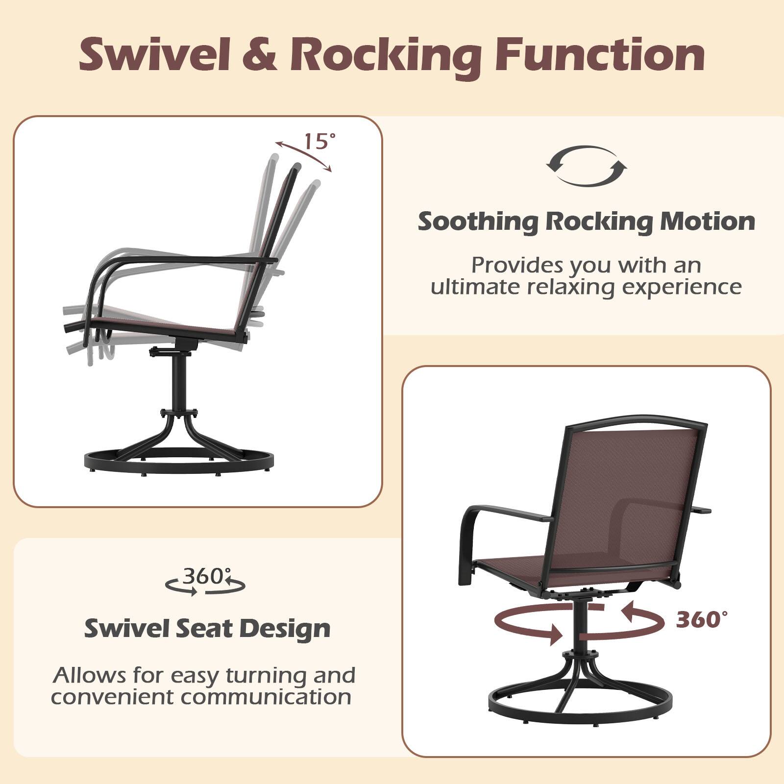 Swivel & Rocking Function

- Soothing Rocking Motion
  - Provides you with an ultimate relaxing experience

- 360° Swivel Seat Design
  - Allows for easy turning and convenient communication