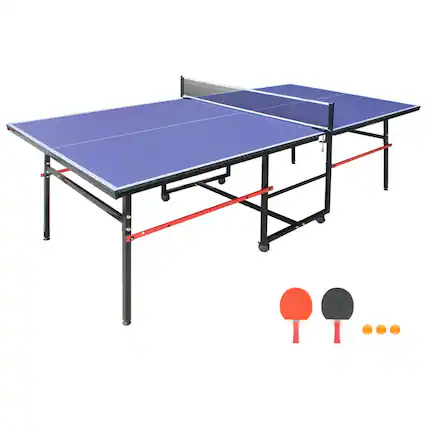 Front. HTUTWOO - 8ft Mid-Size Table Tennis Table -Foldable & Portable Ping Pong Set,Indoor Game Surface,Net, 2 Paddles & 3 Balls Included - Blue.