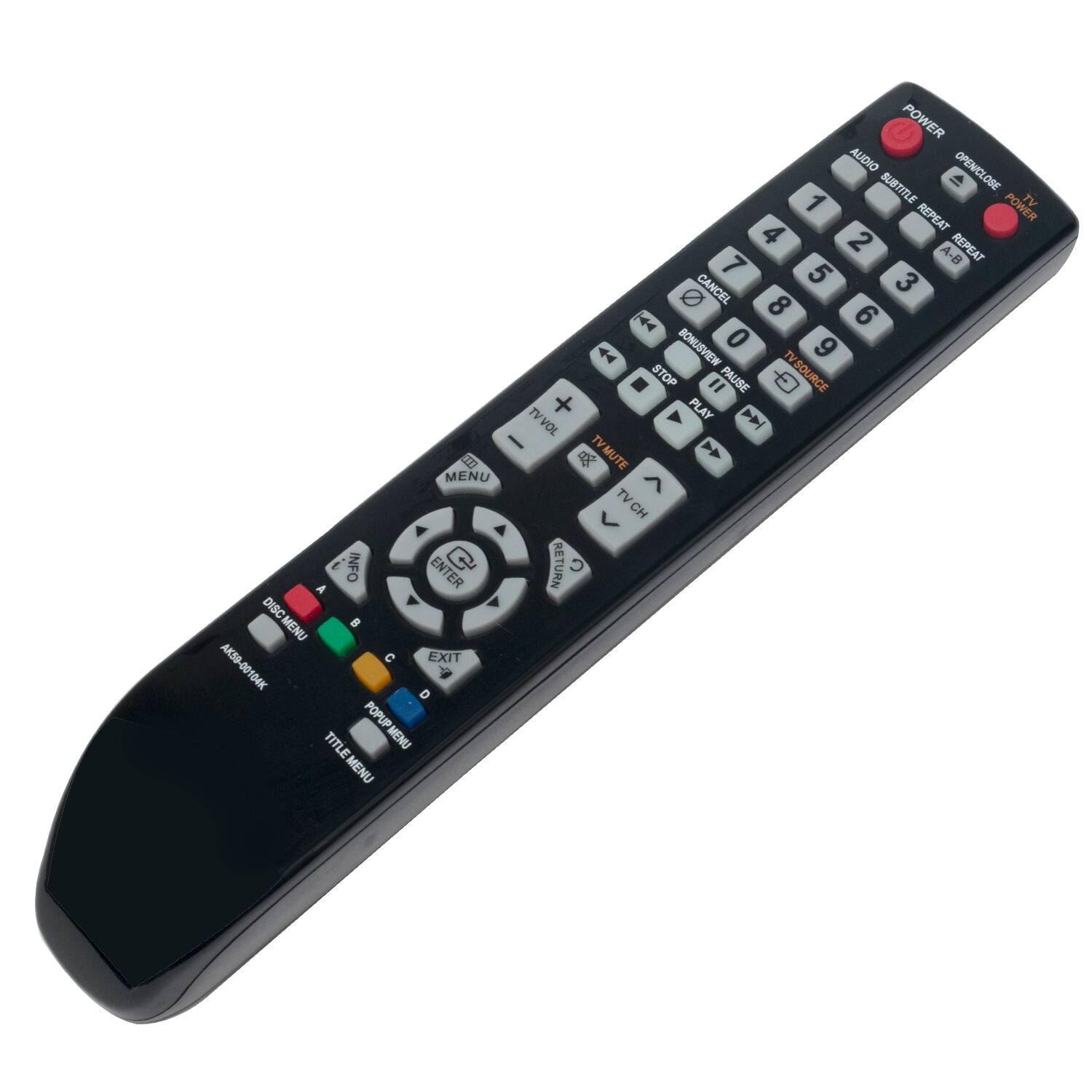 POWER AUDIO OPENICLOBE 1 SUBTITLE POWER TV 4 REPEAT 2 A-B REPEAT 7 5 CANCEL 3 8 44 6 BONUSVIEW 0 9 STOP PAUSE TVSOURCE + PLAY D TV VOL - TVMUTE MENU ^ TV CH TH E INFO ENTER ENT Q RETURN G DISCMENU DISC B A50-00184K AKS0 C EXIT 00 B4K D POPUP TITLE MENU TITLE MENU