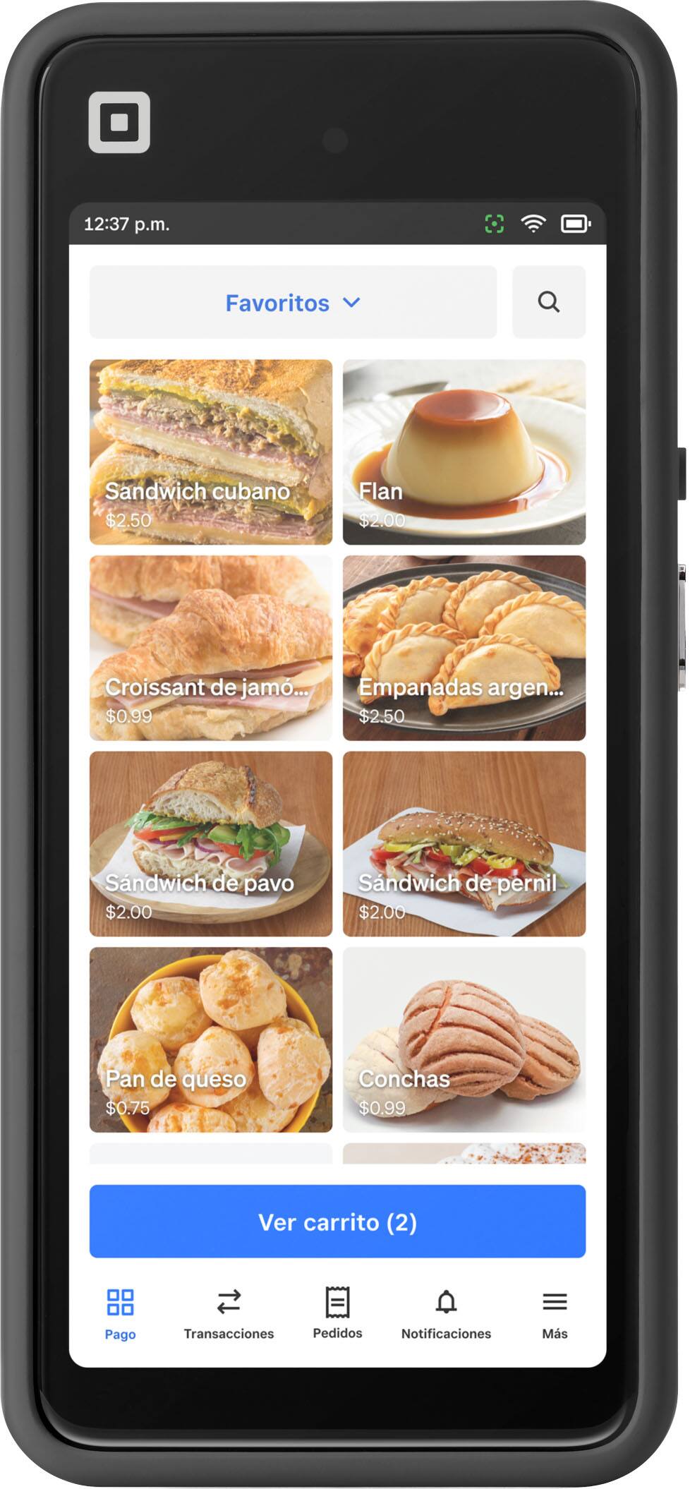 Favoritos:

* Sandwich cubano $2.50
* Flan $2.00
* Croissant de jam... $0.99
* Empanadas argen... $0.99
* Sndwich de pavo $2.00
* Sndwich de pernil $2.00
* Pan de queso $0.75
* Conchas $0.99

Carrito: (2)

Pago:

Transacciones:

Pedidos:

Notificaciones: