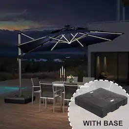 PURPLE LEAF - 12 ft. Patio Octagon Aluminum Solar Powered LED Cantilever Outdoor Offset Umbrella with Base for Garden Deck Pool - Navy Blue