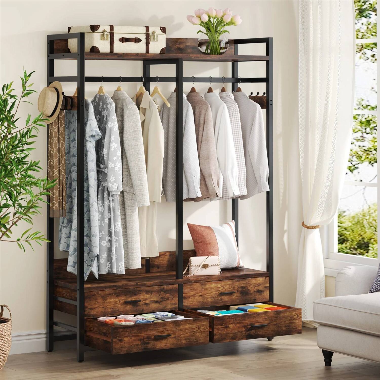 Angle. Hivvago - Heavy Duty Brown Black Garment Rack Clothes Hanging Rod with 4 Storage Drawers - Rustic Brown.