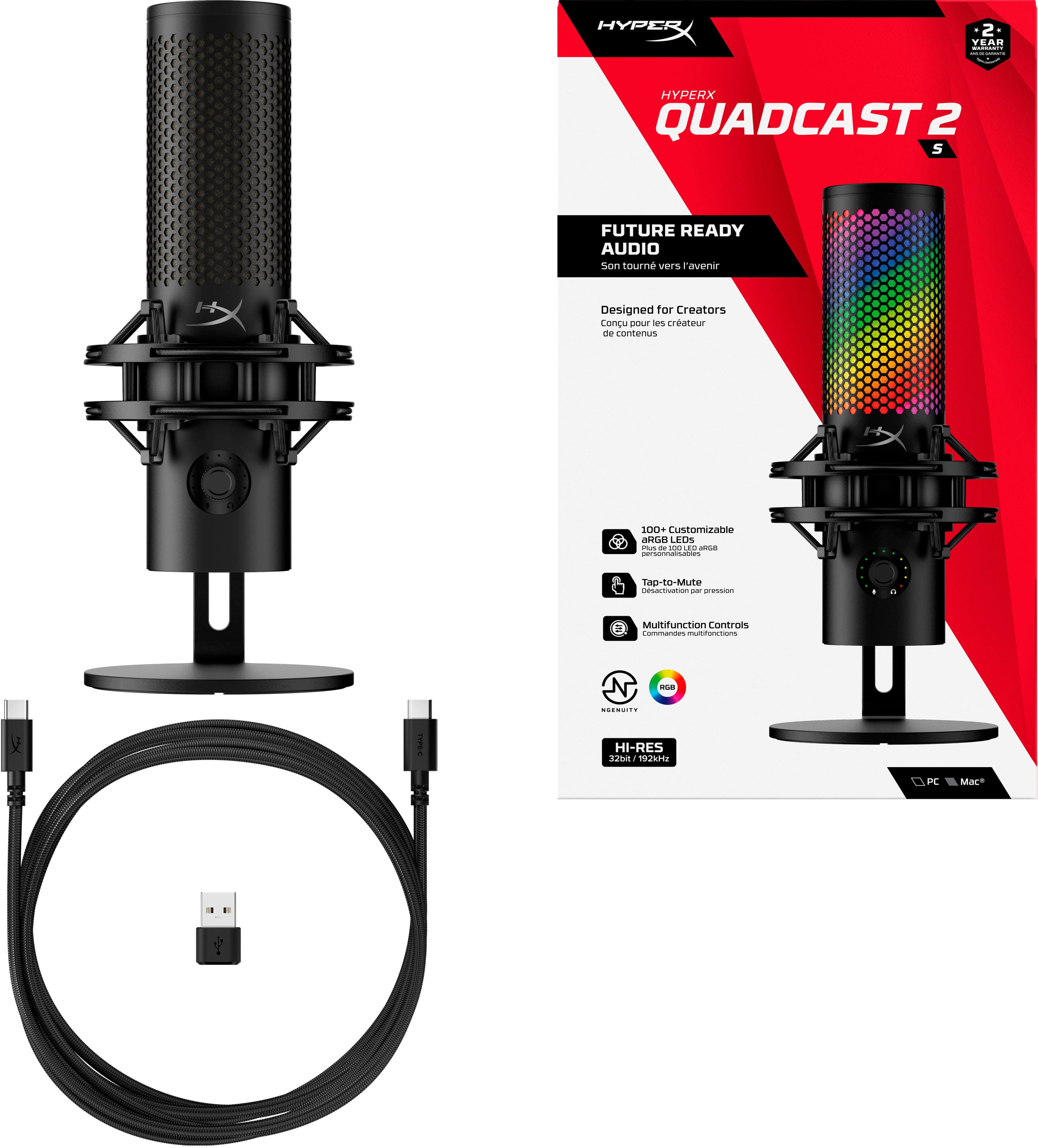 The image features a HyperX QuadCast 2 microphone and its box. The microphone is designed for creators and has a future-ready audio system. It is a customizable and versatile device that allows users to create high-quality audio content. The box contains a user manual, which provides information on how to use the microphone and its features, such as the flip-to-mute function and multifunction control. The microphone is compatible with both PC and Mac computers, making it a versatile tool for content creators.